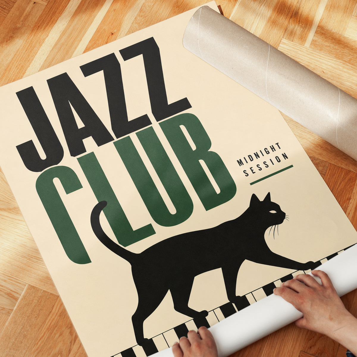 Jazz Club Cat Print: Vintage Mid-Century Piano Wall Art - detail