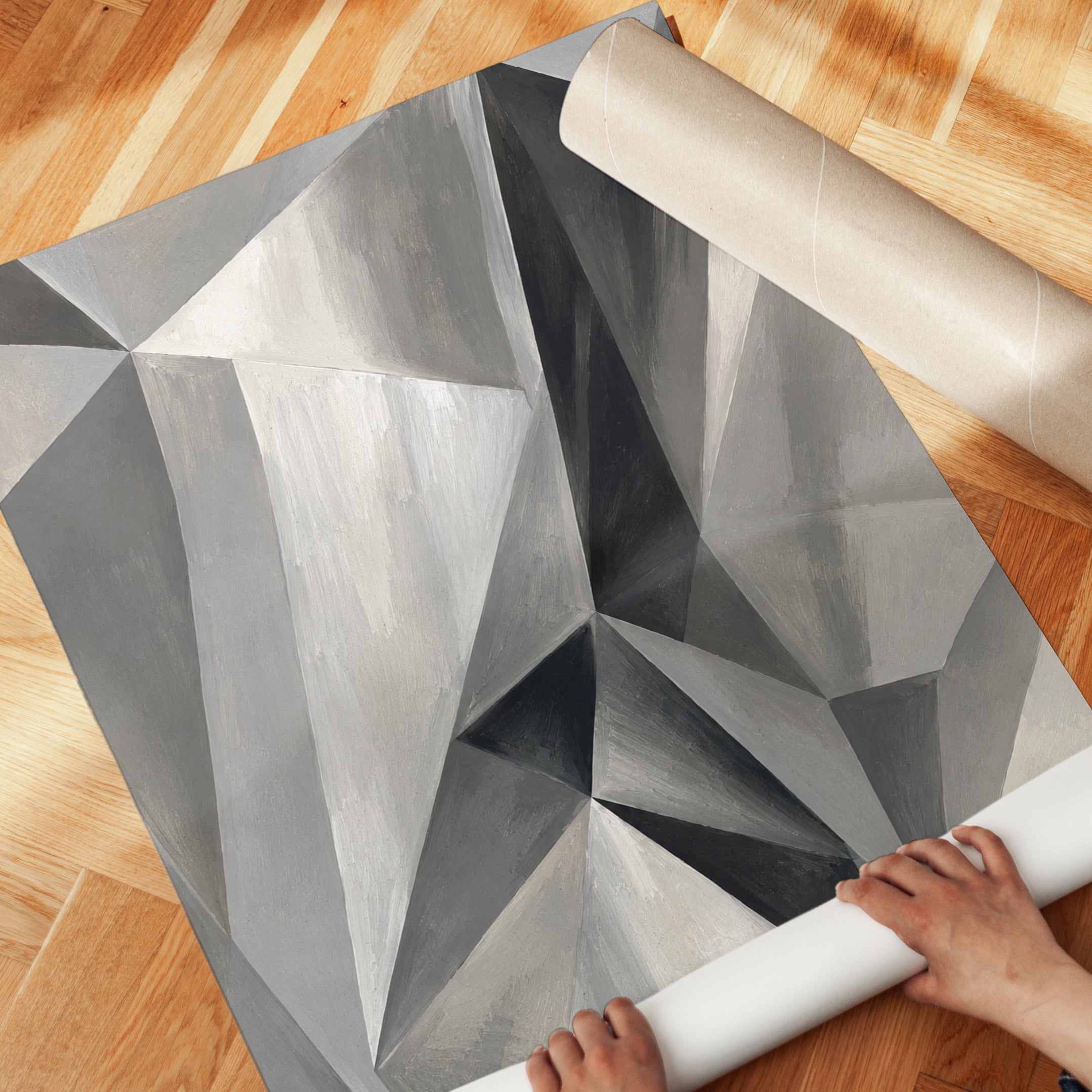 Geometric Abstract Art Print: Monochrome Cubist Composition - detail