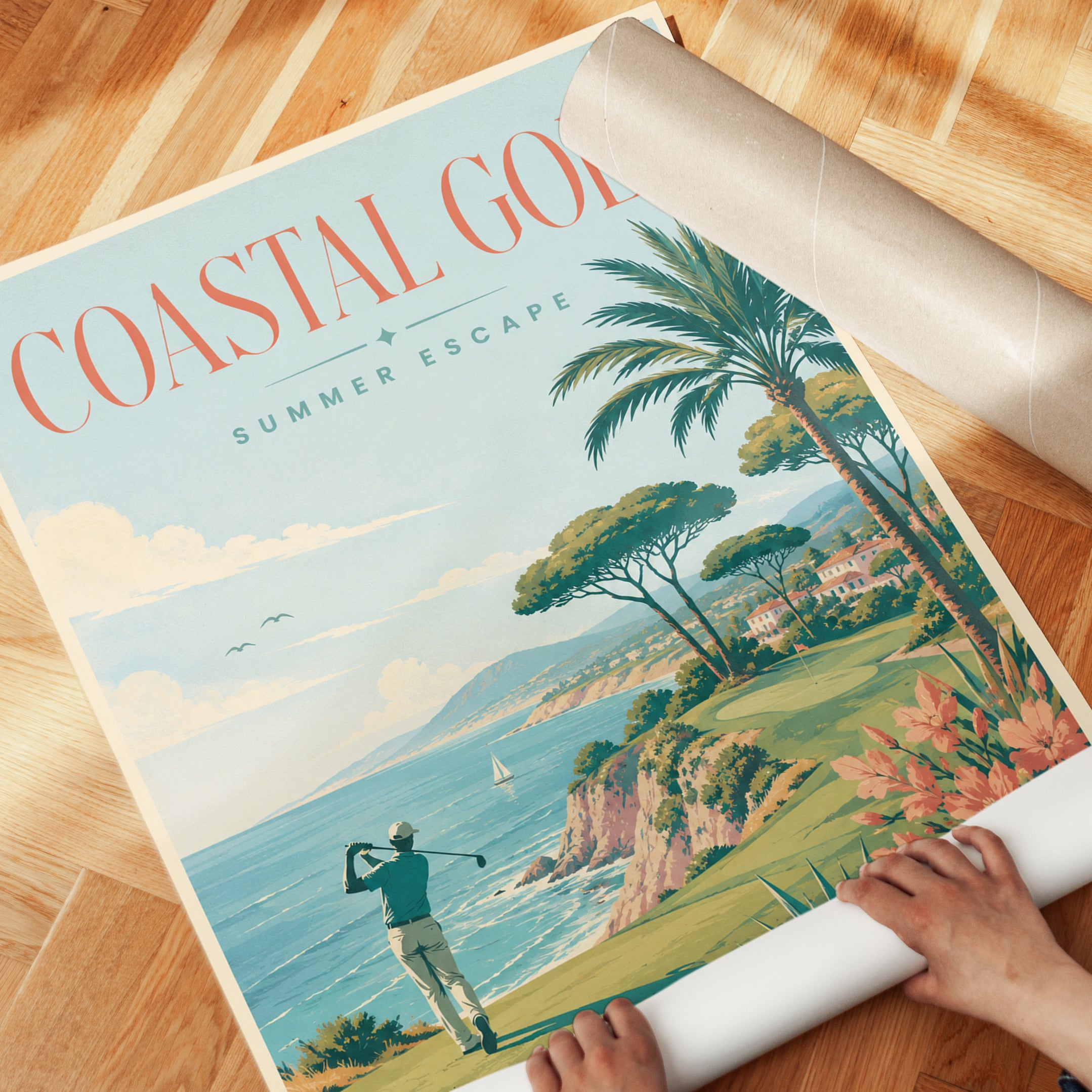 Vintage Golf Travel Poster: Coastal Mid-Century Summer Wall Art - detail