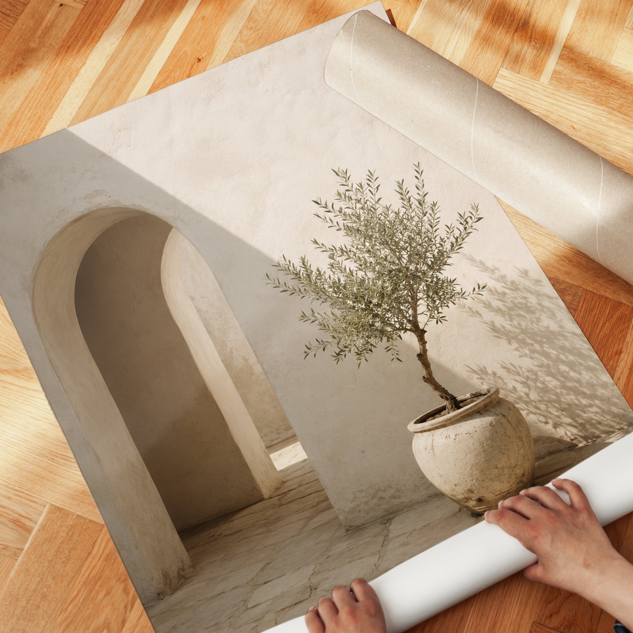 Mediterranean Archway Print: Olive Tree Courtyard - detail
