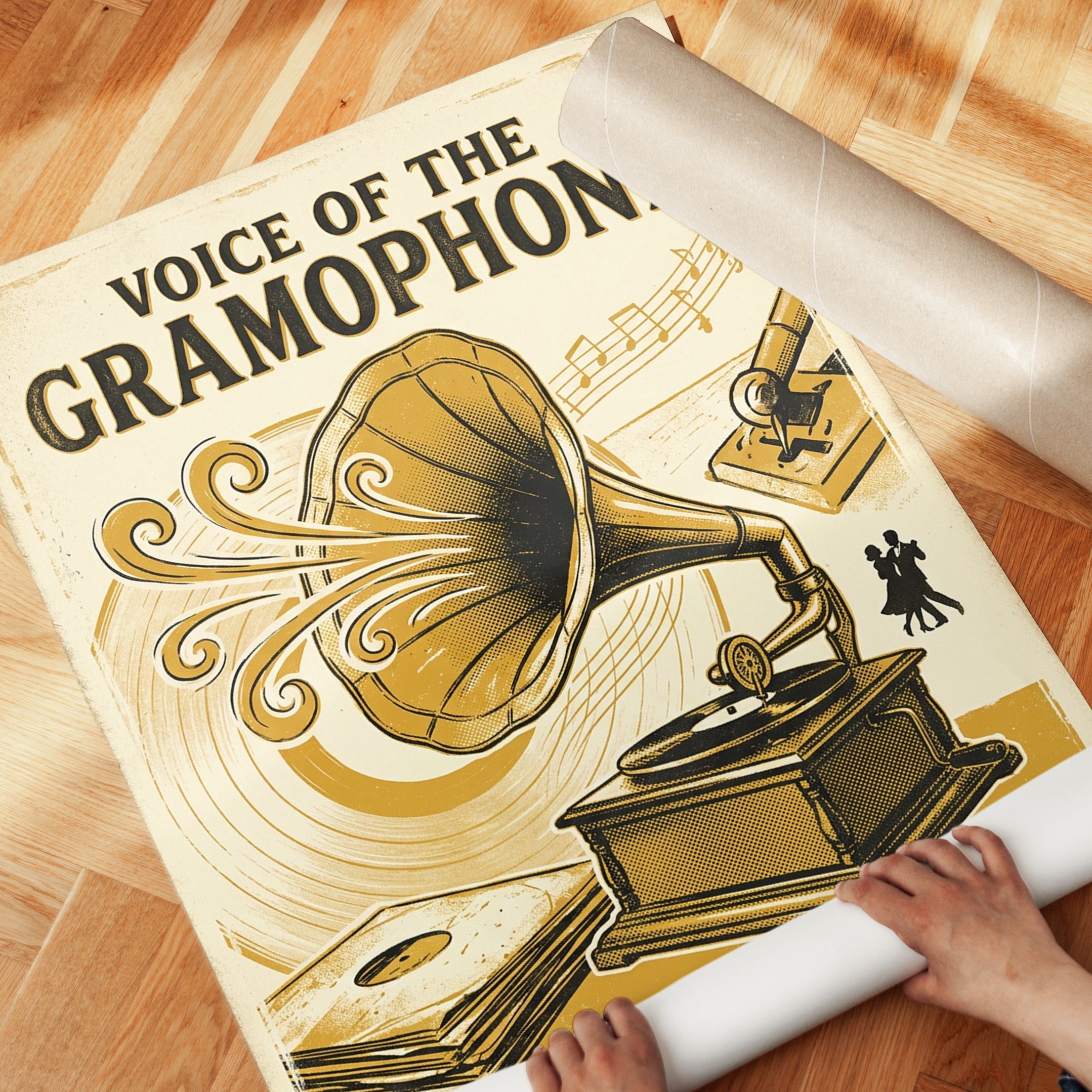 Vintage Gramophone Poster: Art Deco Music Illustration - detail