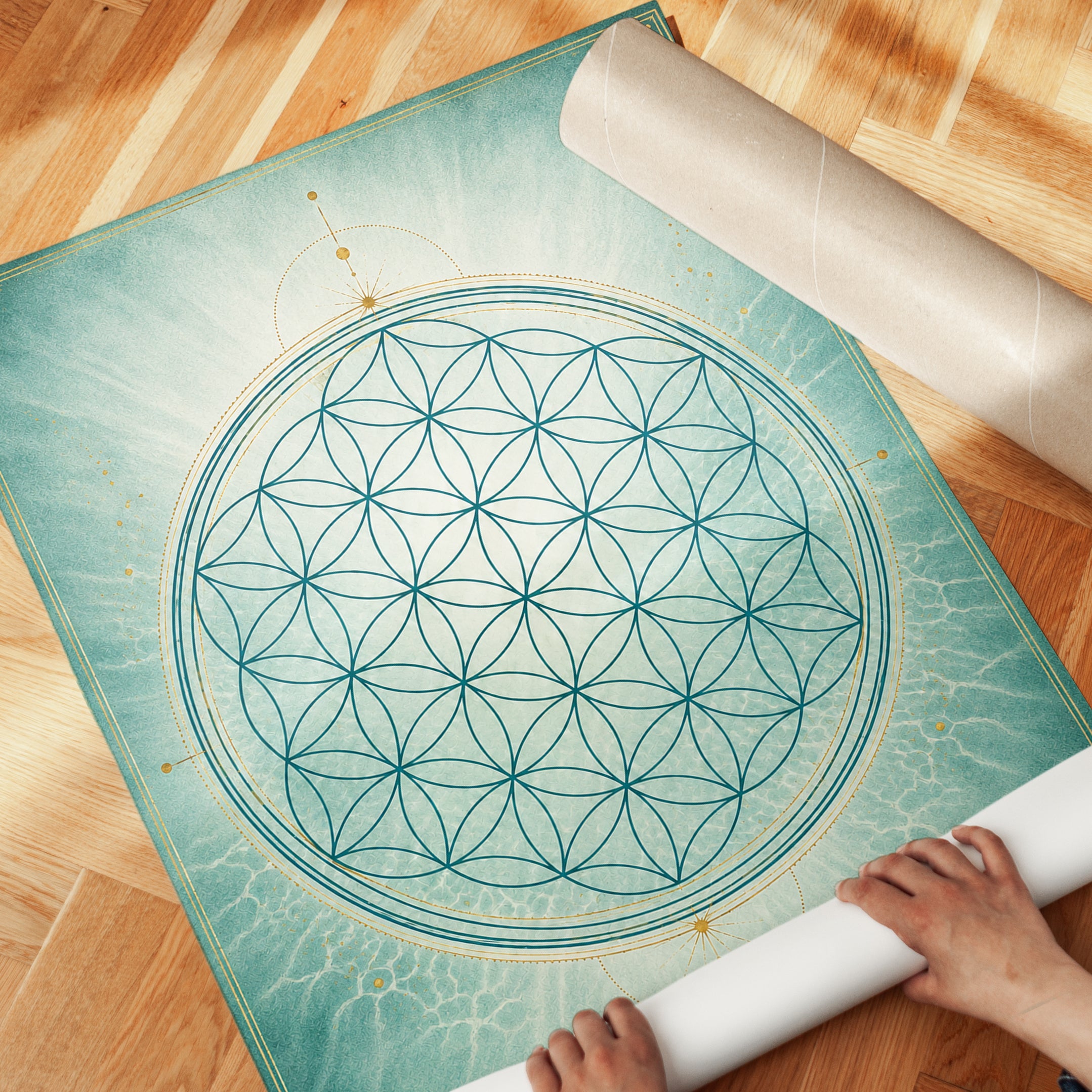 Flower of Life Mandala Print: Spiritual Wall Art (Teal & Gold) - detail