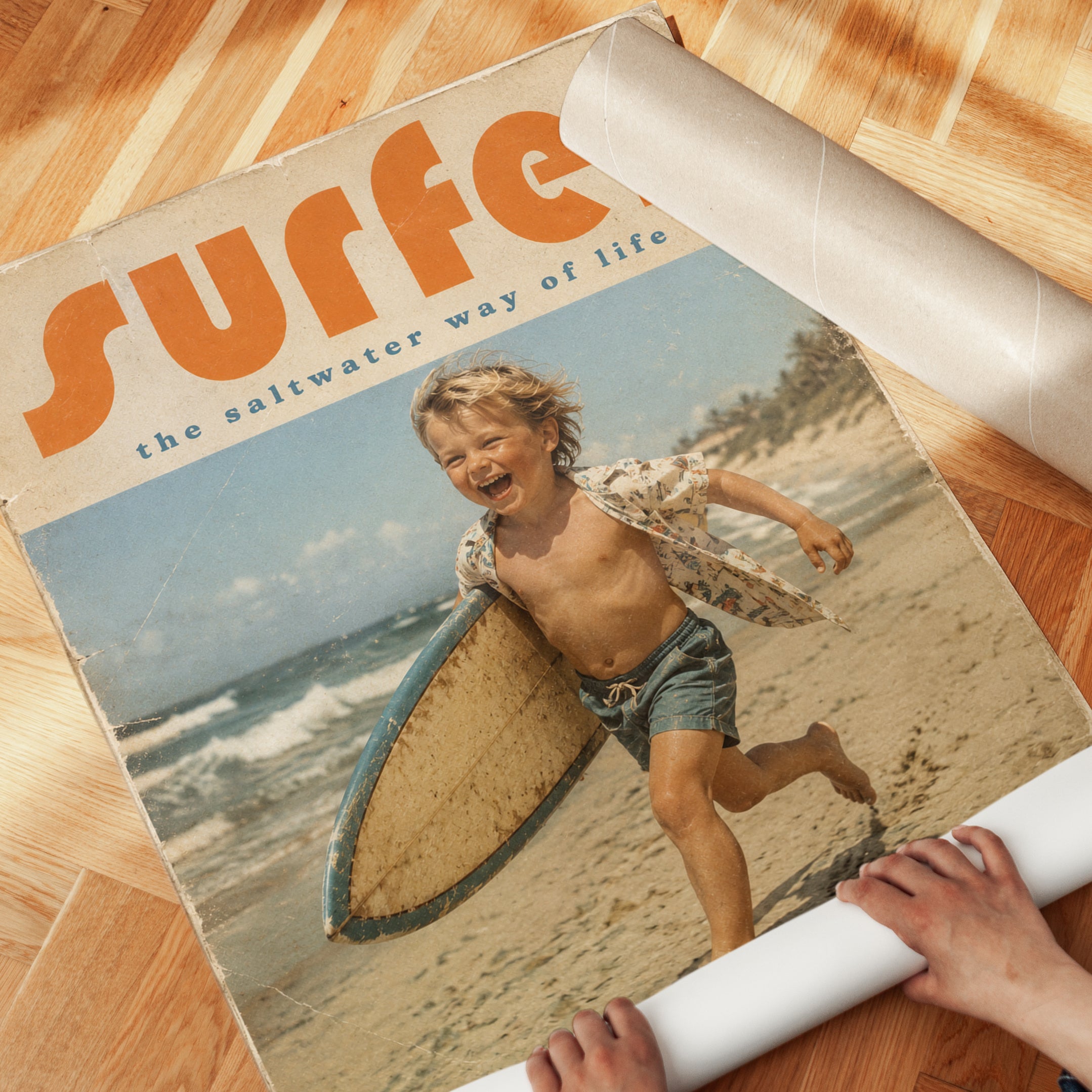 Vintage Surfer Magazine Print — Retro Beach Child with Surfboard - detail