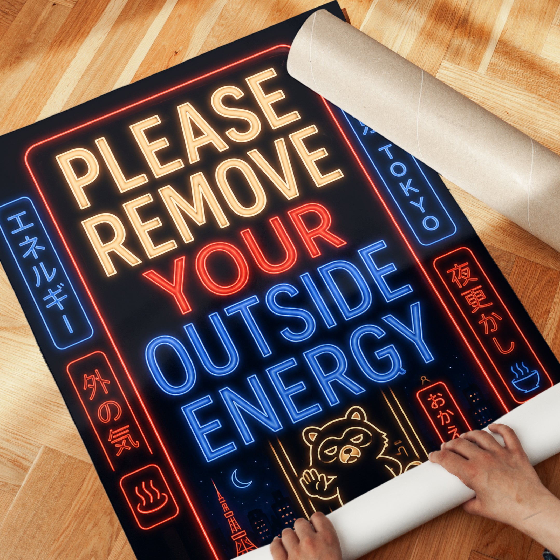 Tokyo Neon Sign Art Print: Remove Your Outside Energy Raccoon - detail