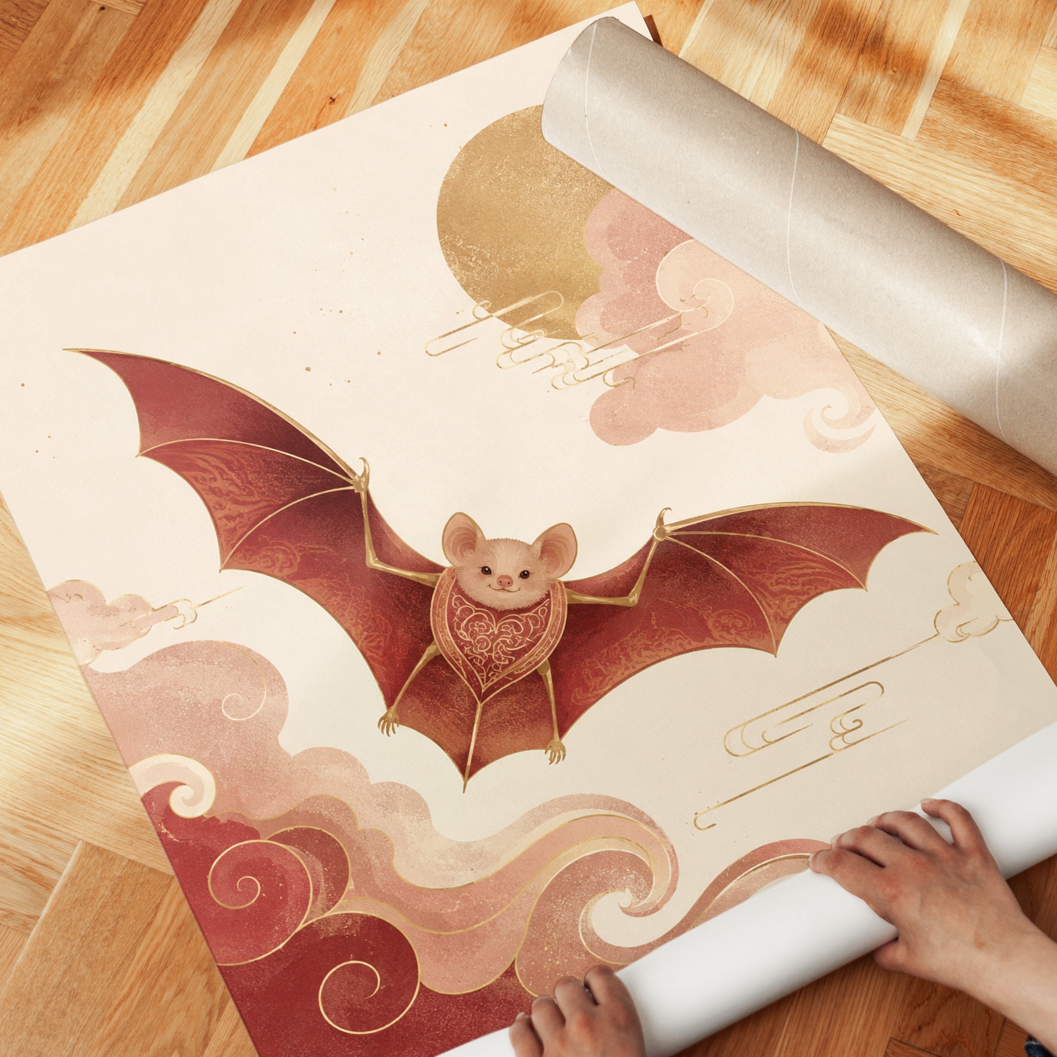 Oriental Bat Wall Art – Asian Folk Art Print - detail