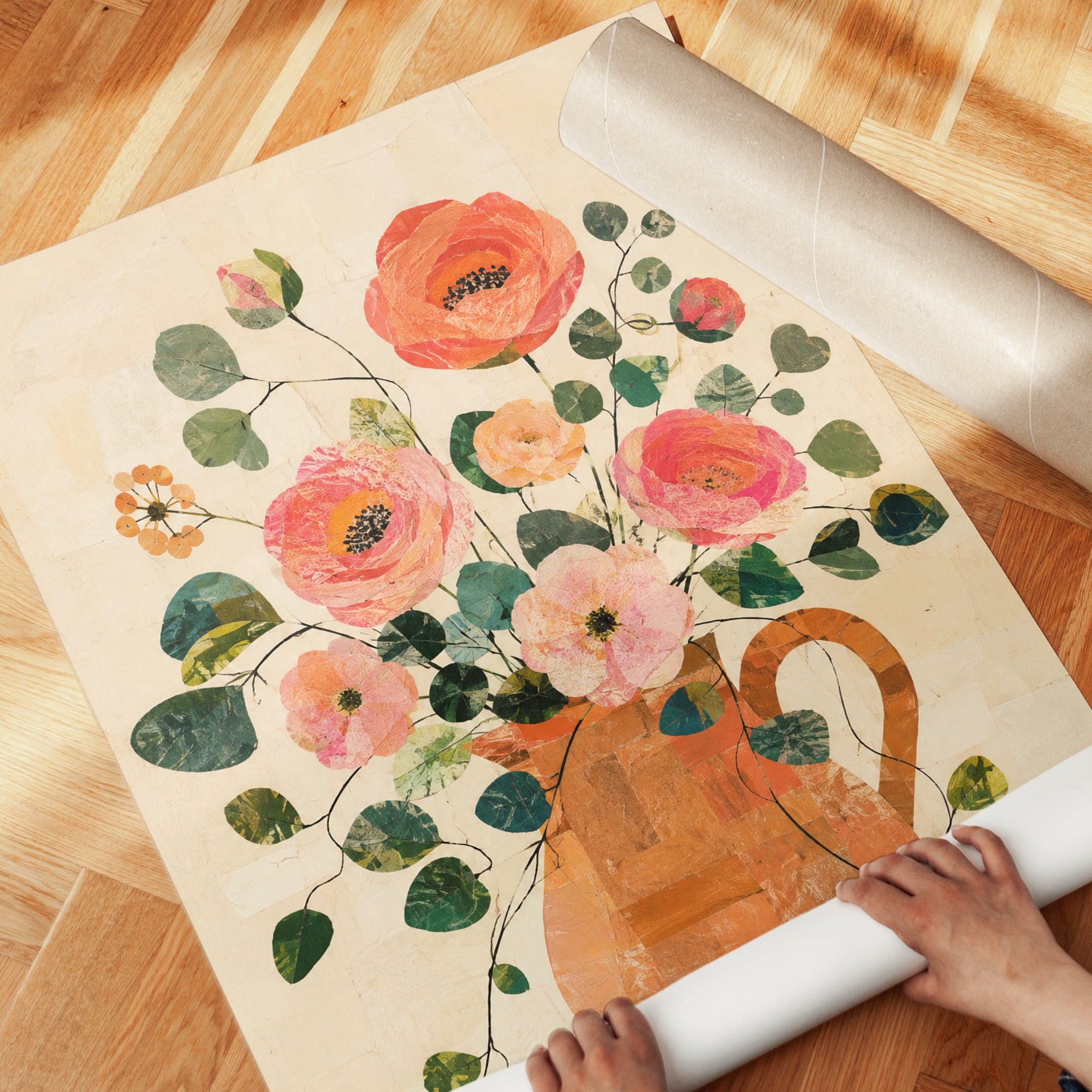 Coral Ranunculus in Terracotta Jug: Vintage Floral Wall Art - detail