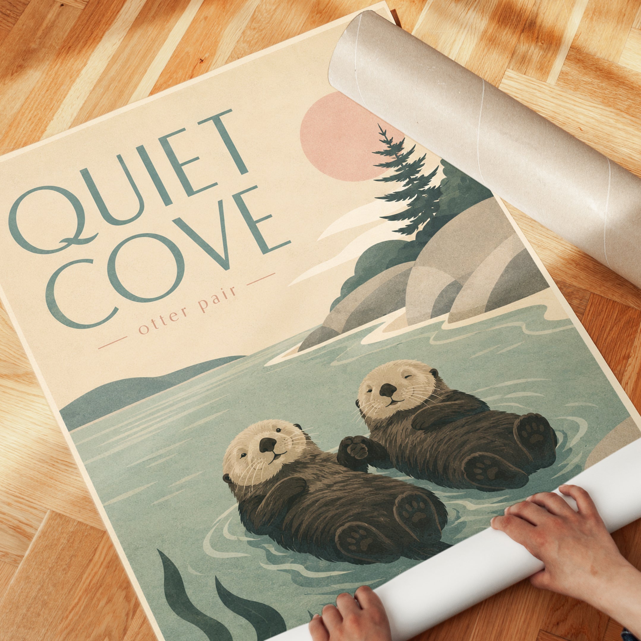 Quiet Cove Otter Pair Art Print: Vintage Coastal Wildlife Poster - detail