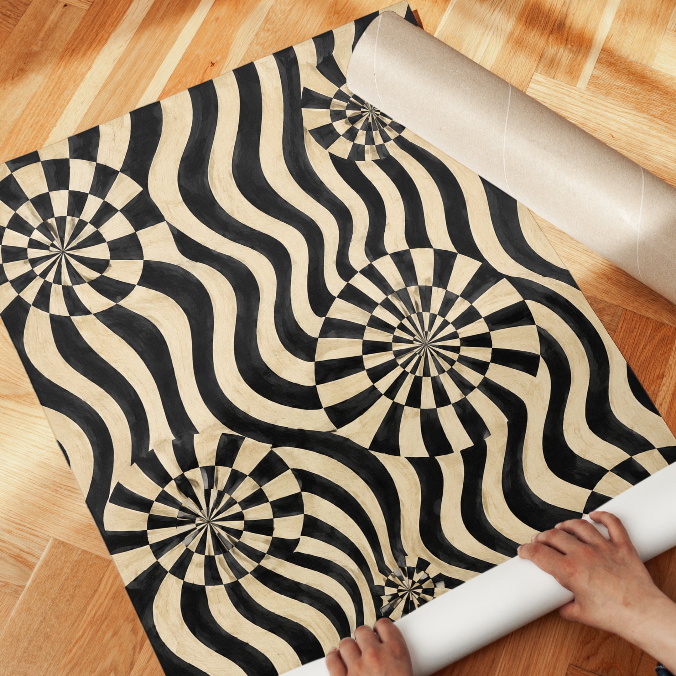Op Art Spiral Waves Print: Black and Cream Geometric Poster - detail