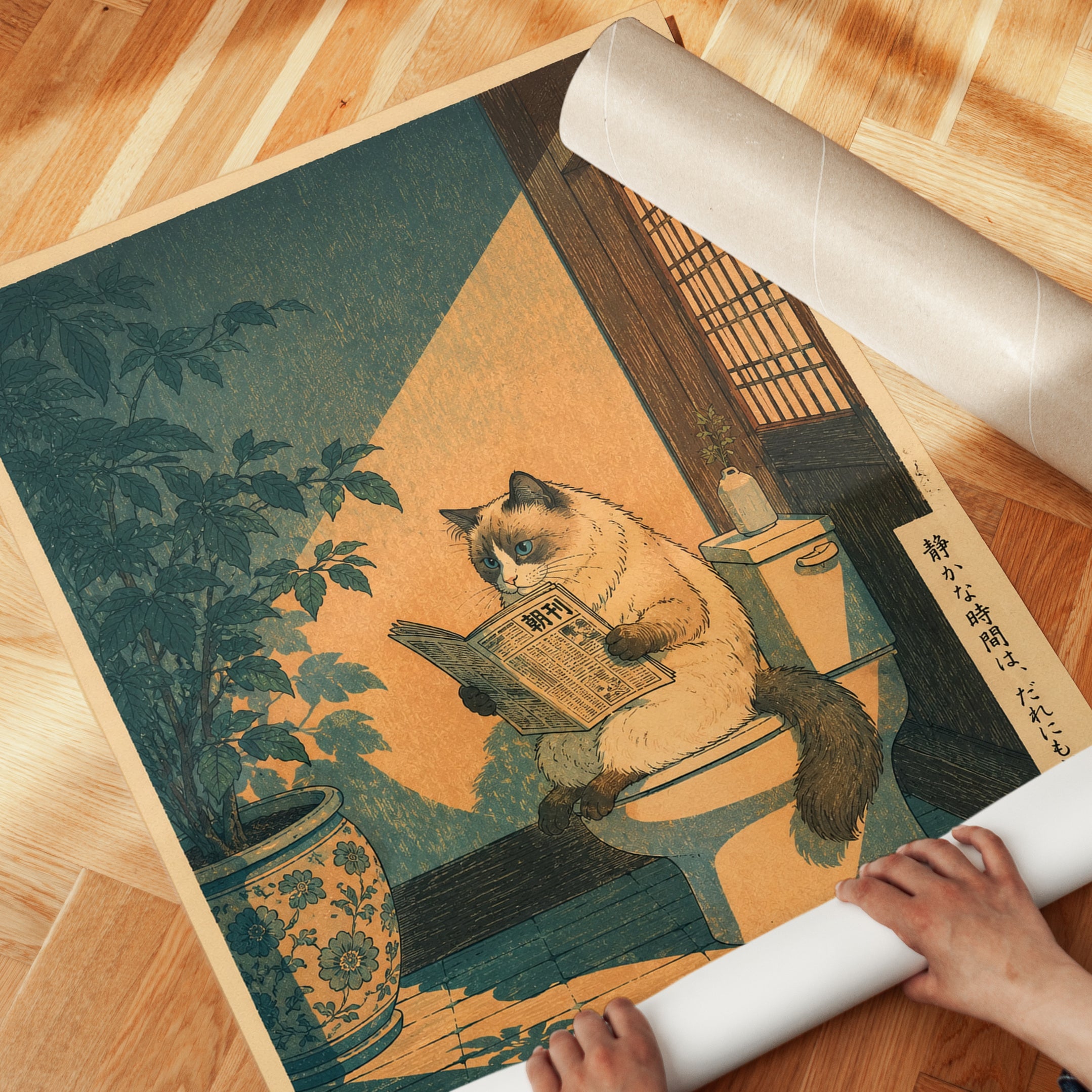 Cat Reading Newspaper Print: Japanese Woodblock Style Art - detail