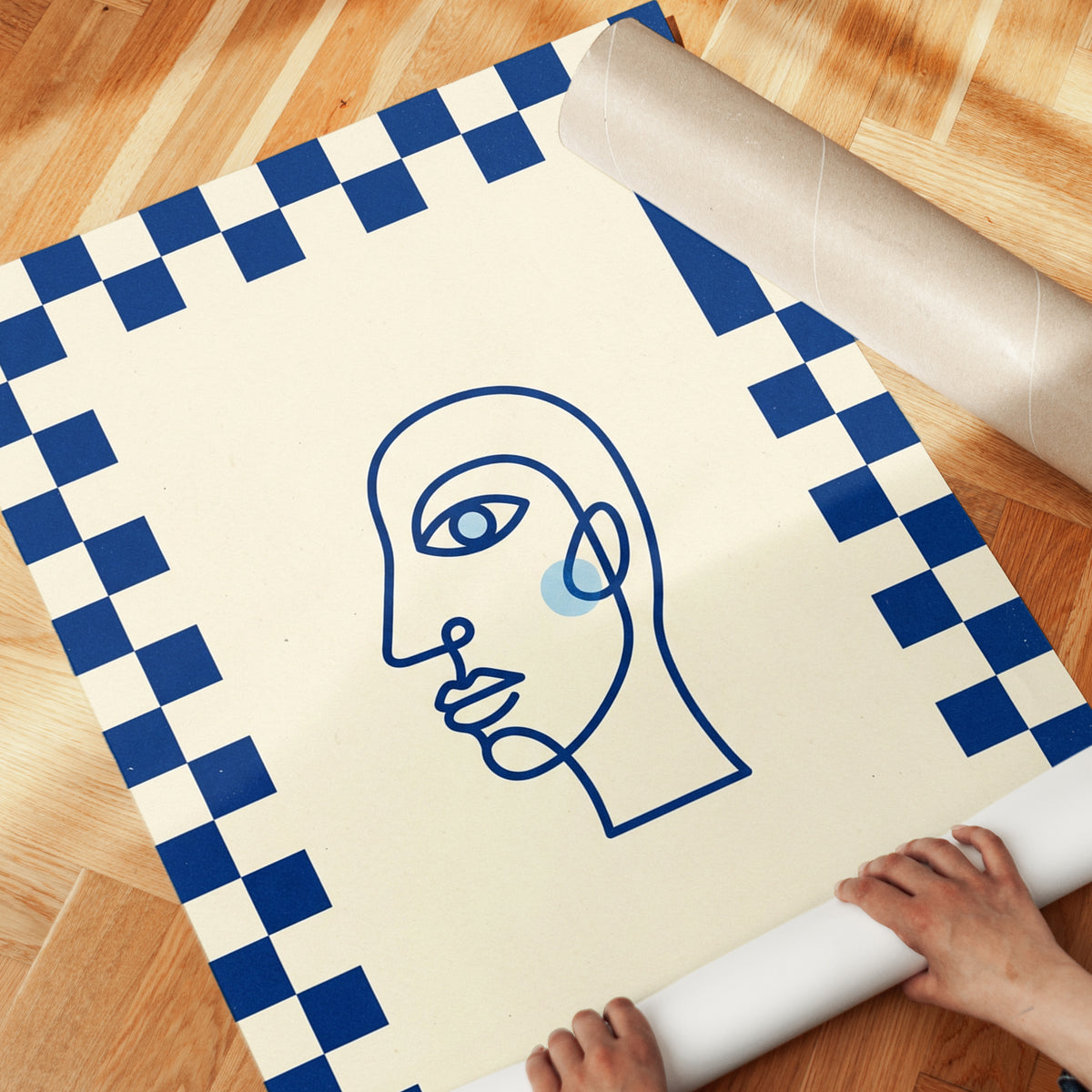 Line Art Face Print: Minimalist Blue and Cream Checkerboard - detail