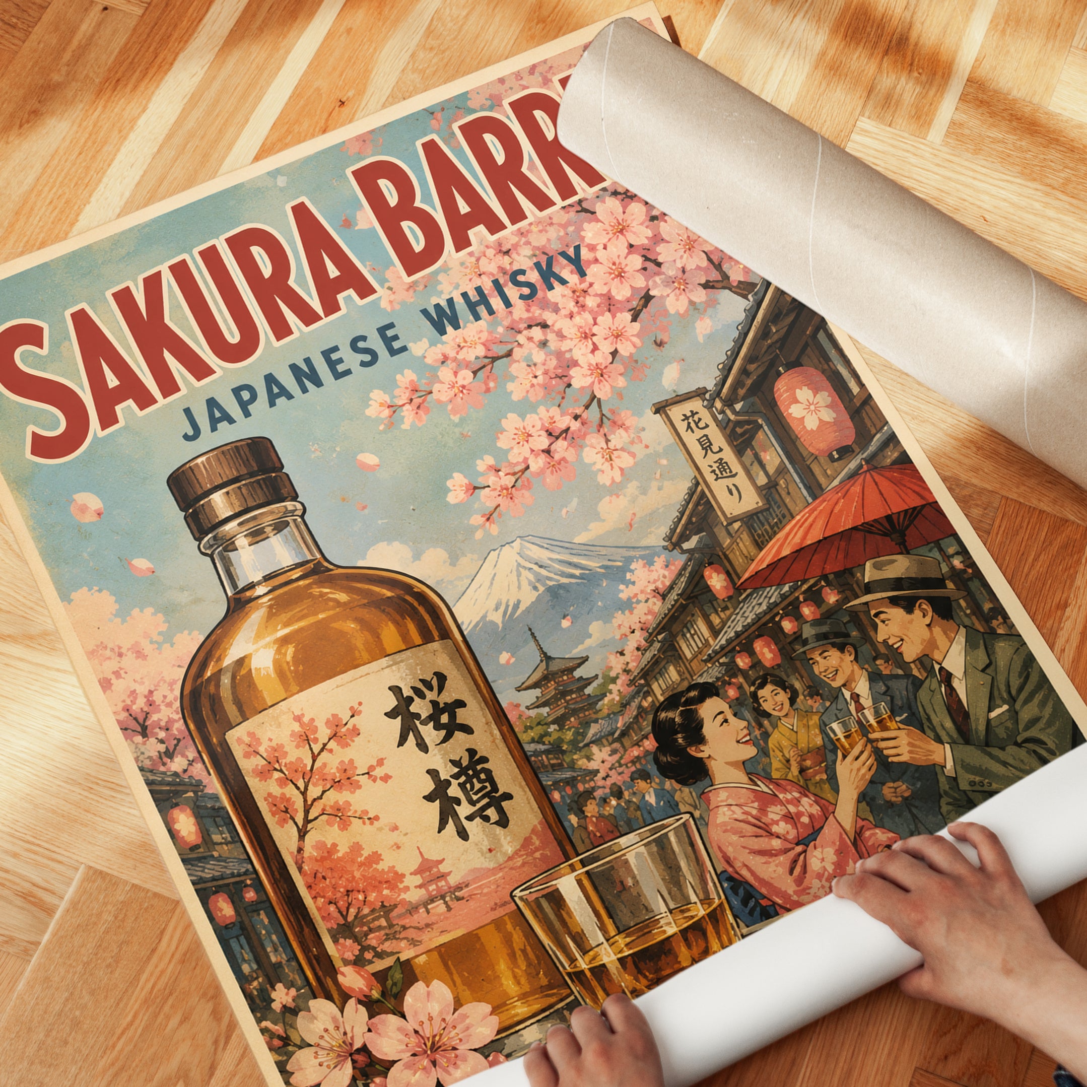 Japanese Whisky Poster Print: Vintage Sakura Barrel Ad - detail