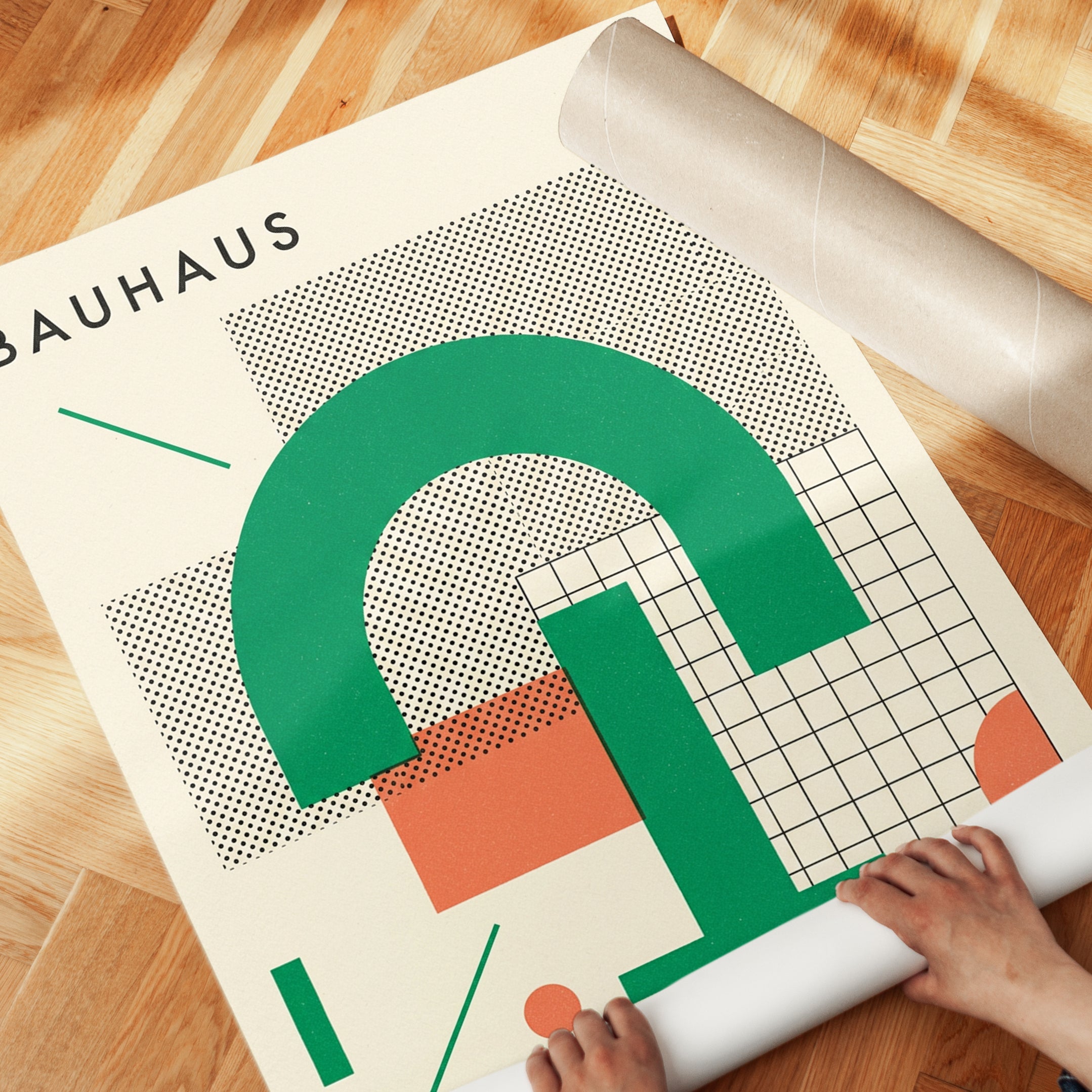 Bauhaus Geometric Arch Print: Green and Coral Modernist Design - detail