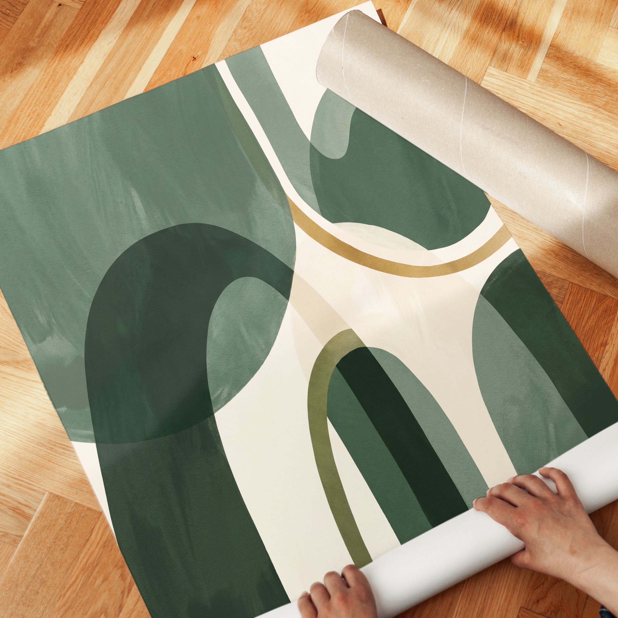 Mid-Century Modern Art Print: Green & Gold Organic Shapes - detail