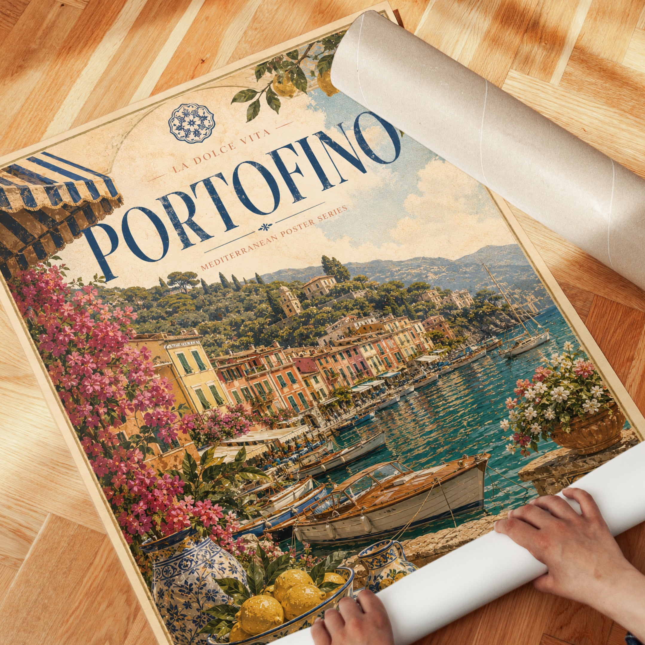 Portofino Vintage Travel Poster — Italian Coastal Art - detail