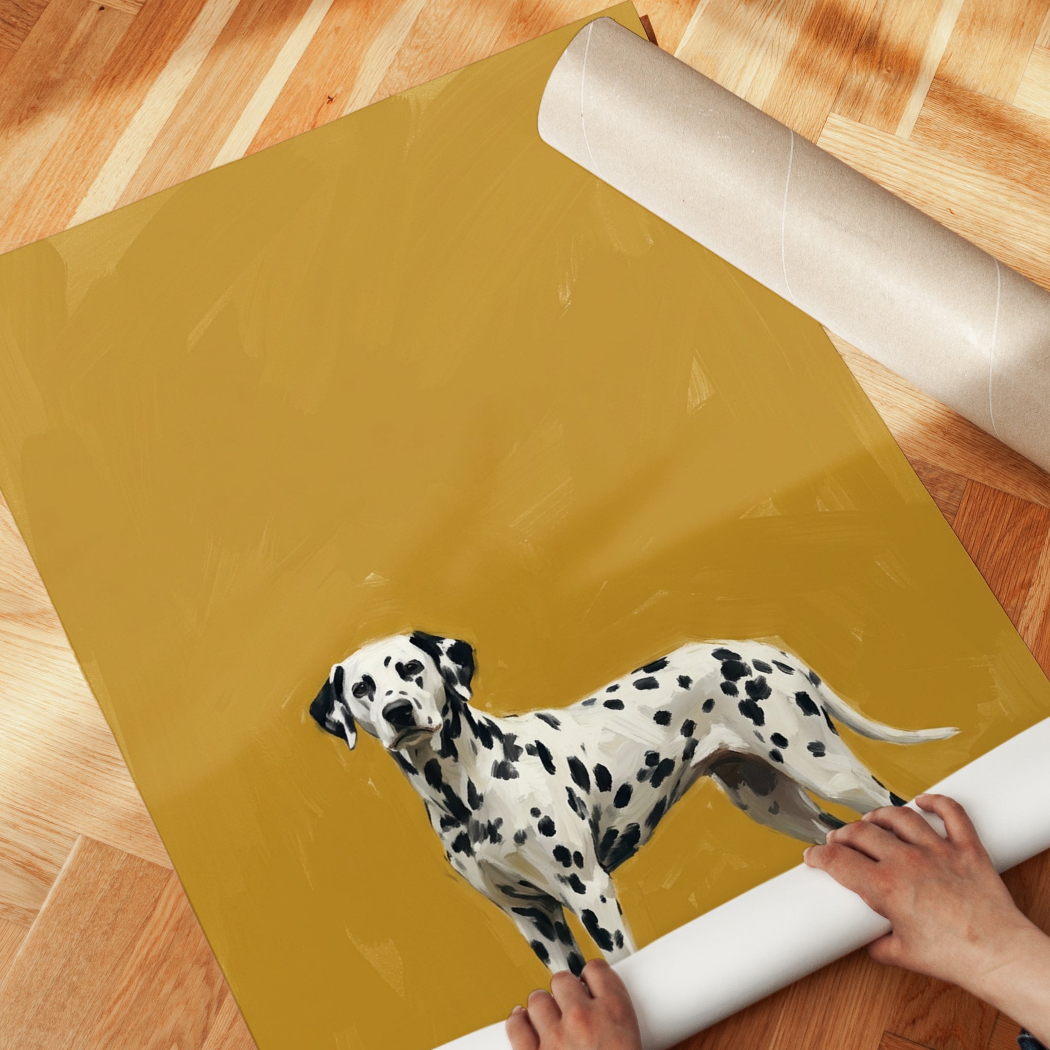 Dalmatian Dog Portrait Print — Bold Mustard Yellow Background - detail