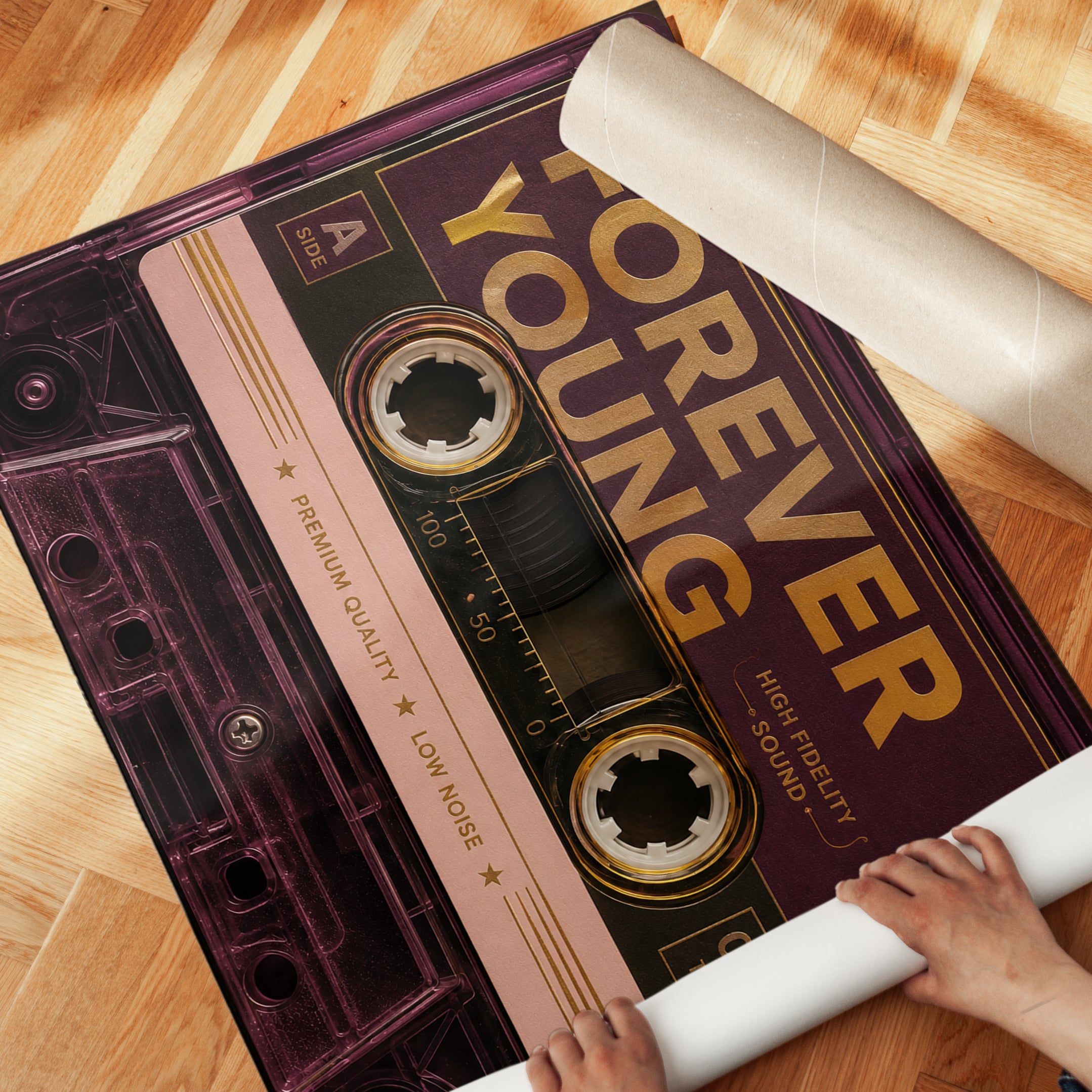 Vintage Cassette Tape Print: Retro 80s Music Art in Burgundy & Gold - detail