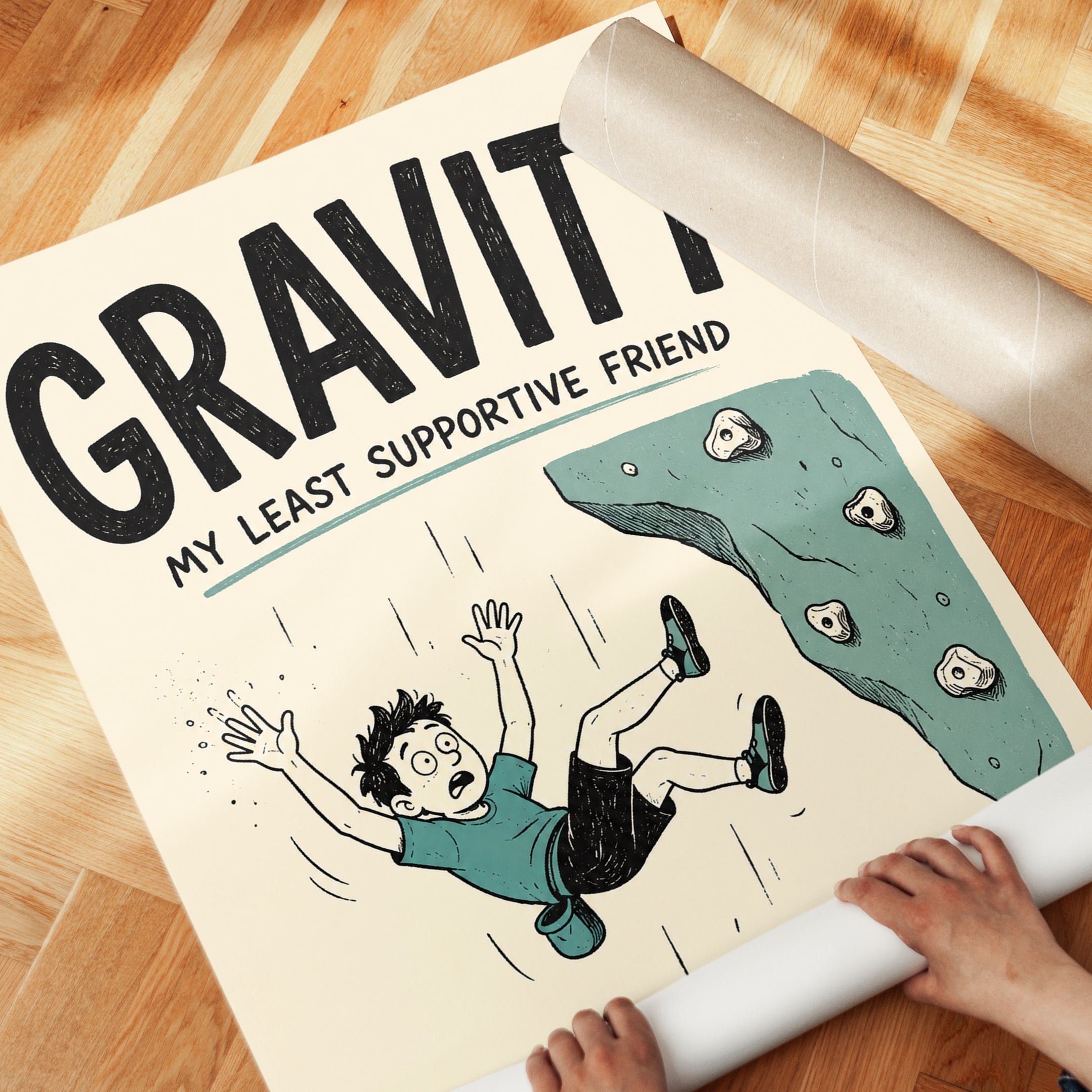 Gravity Humor Poster: Retro Rock Climbing Illustration - detail