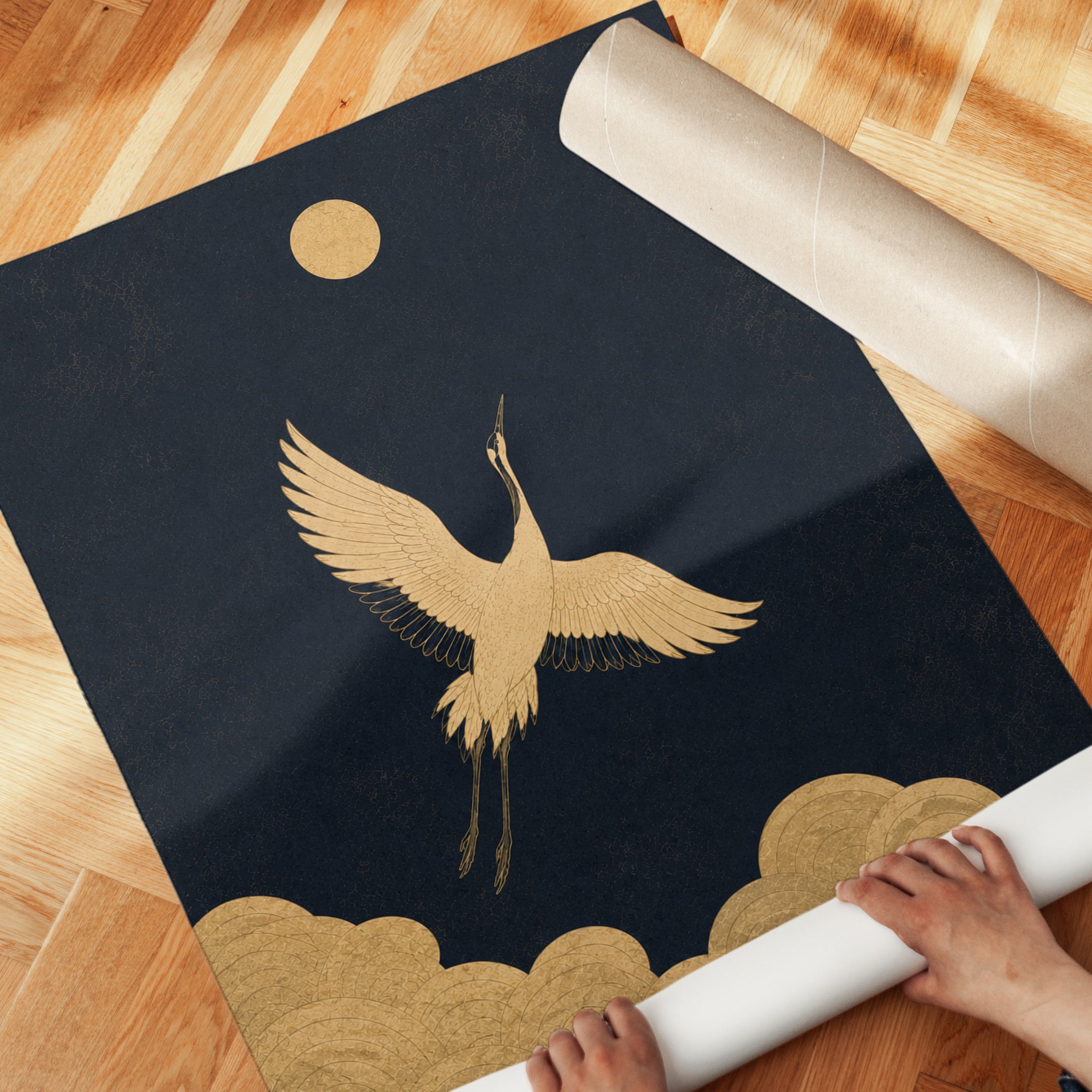 Crane Wall Art: Japanese Inspired Gold and Navy - detail