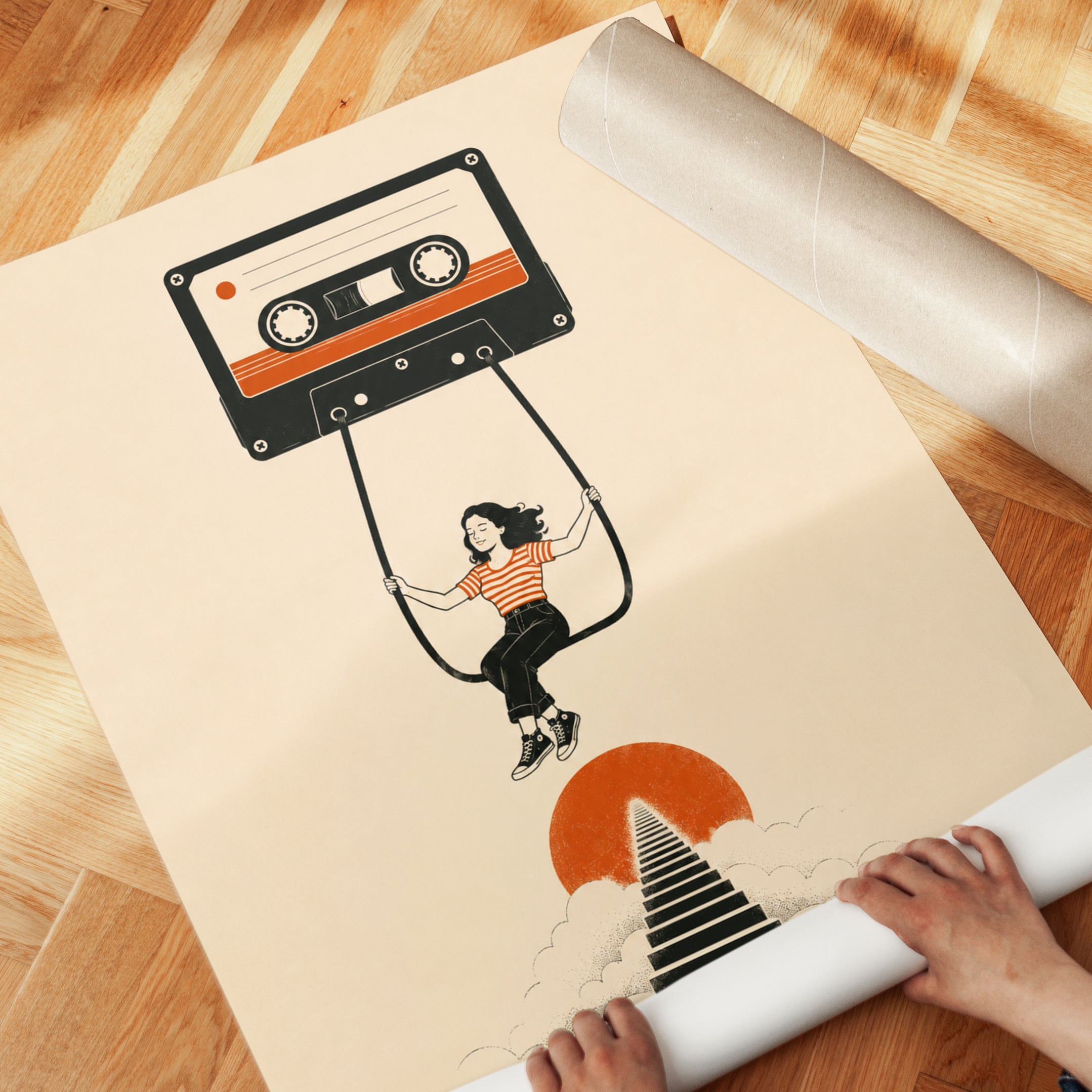 Cassette Tape Art: Nostalgic Music Wall Decor (Orange & Black) - detail