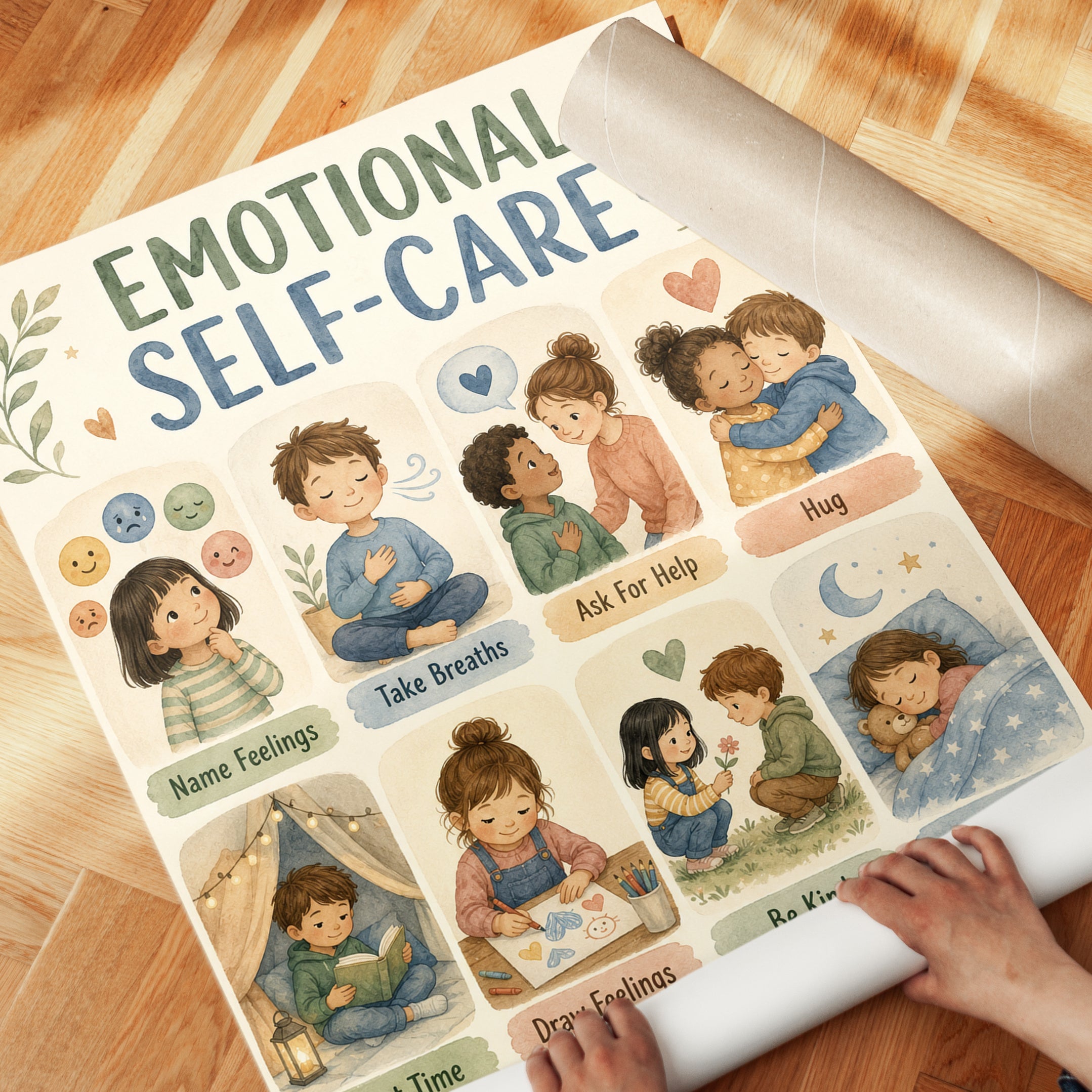 Kids Emotional Self-Care Chart: Educational Wall Art - detail