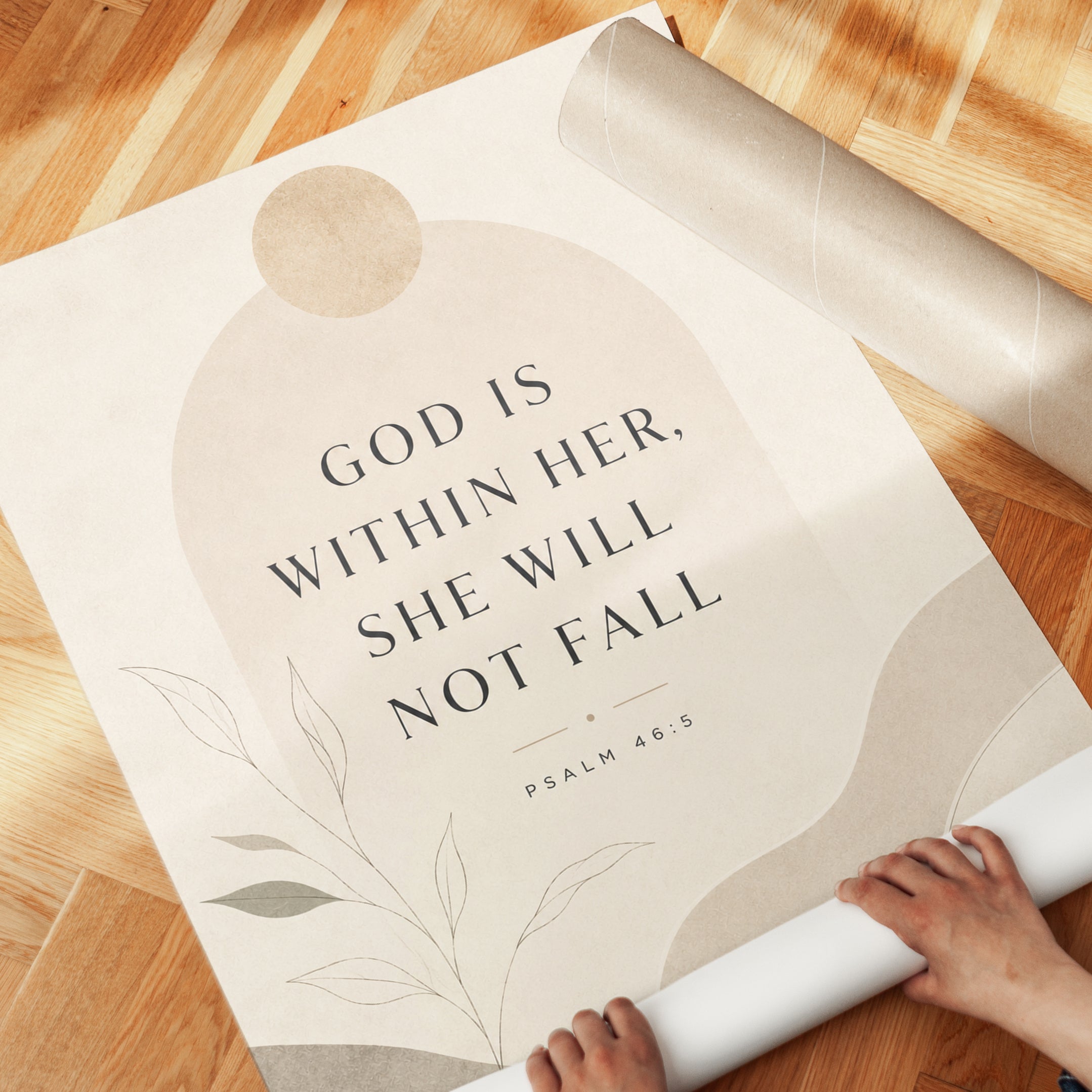 Psalm 46:5 Wall Art: Minimalist Beige Typography Print - detail