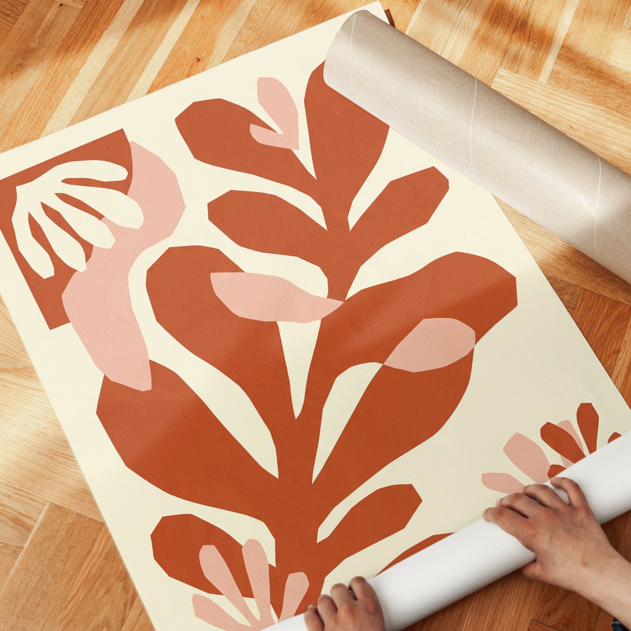Abstract Botanical Cutout Art Print: Terracotta and Pink Shapes - detail
