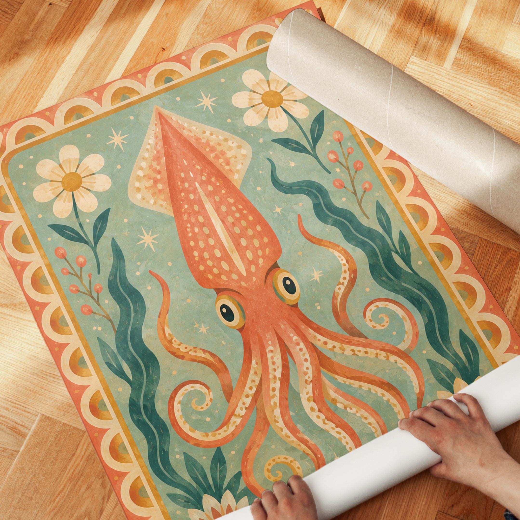 Folk Art Squid Print – Retro Ocean Wall Art - detail