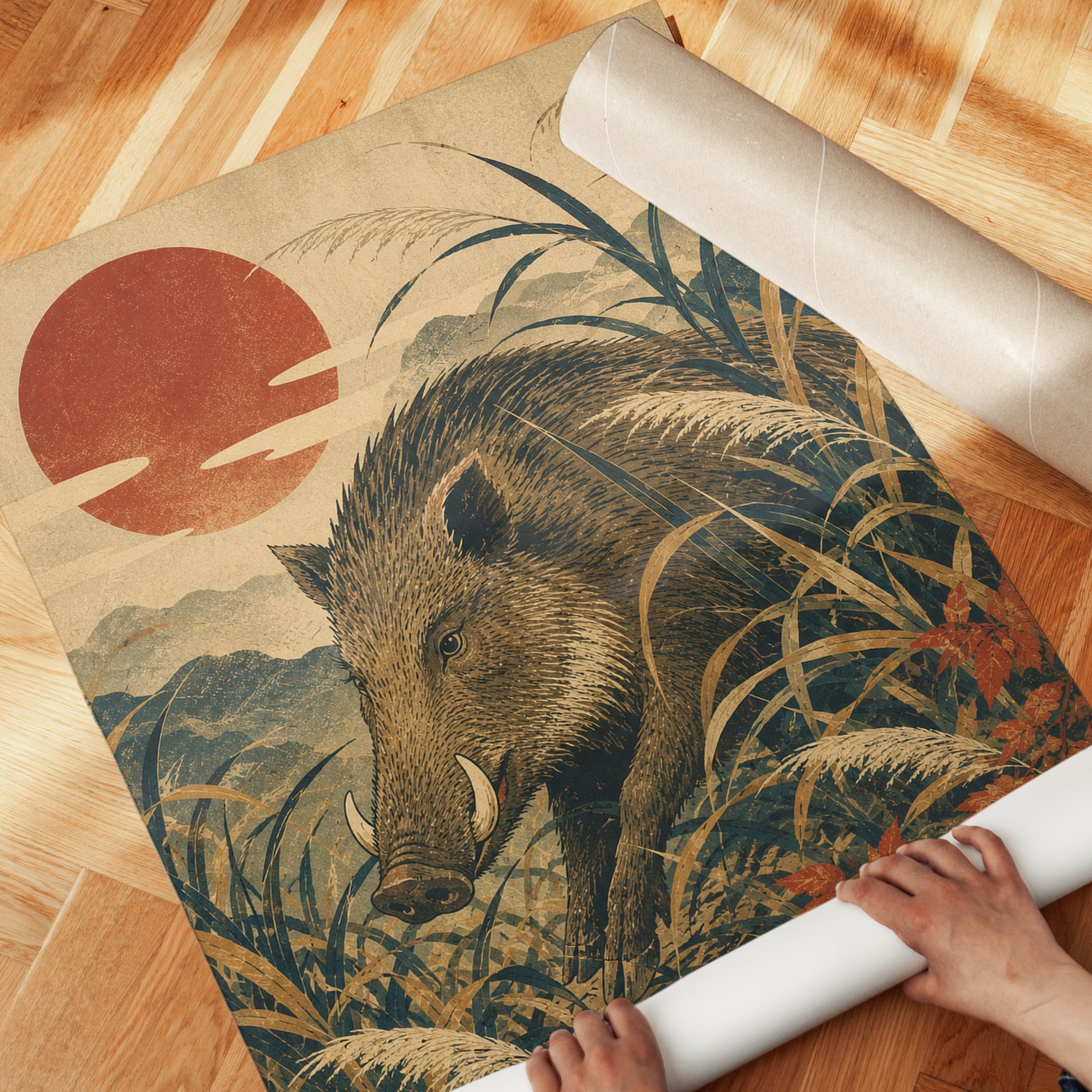 Wild Boar Wall Art: Japanese Vintage Illustration - detail