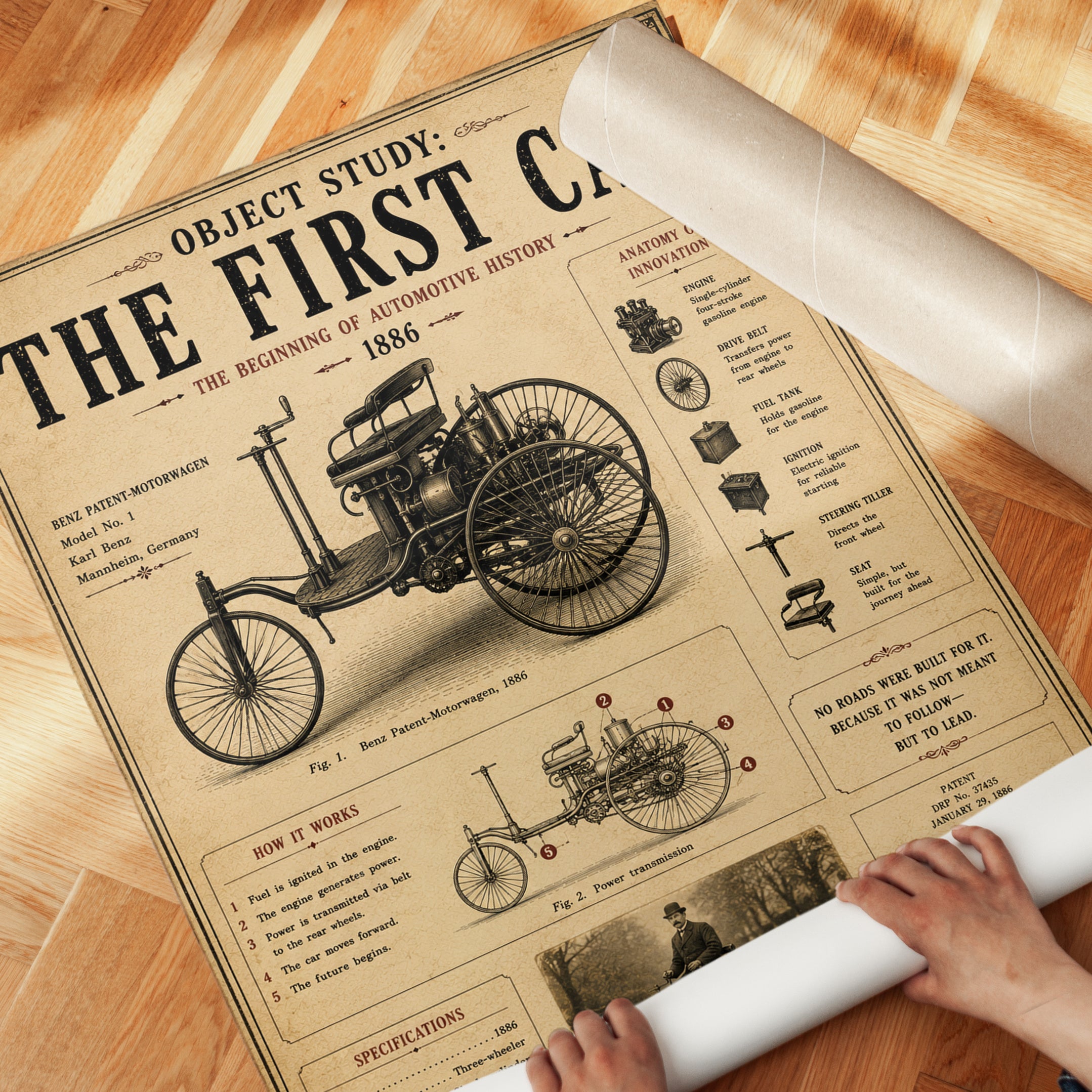 Benz Patent Motorwagen Print: Vintage Automotive History Poster - detail