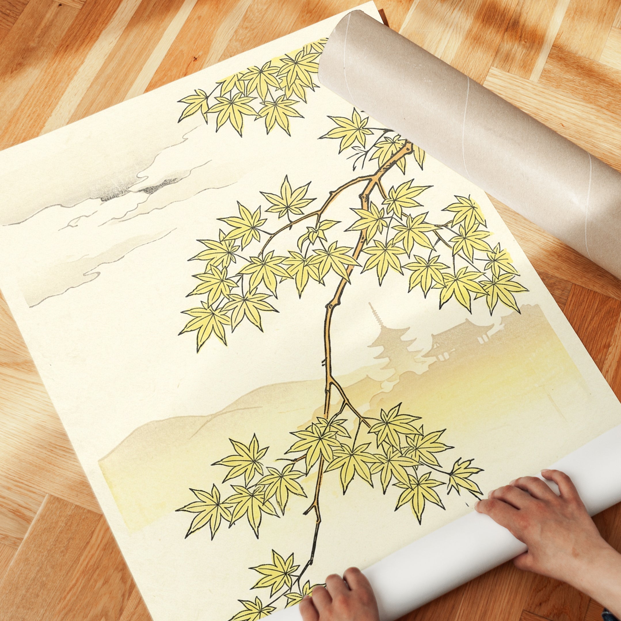 Japanese Maple Branch Art Print: Traditional Yellow Botanical Design - detail