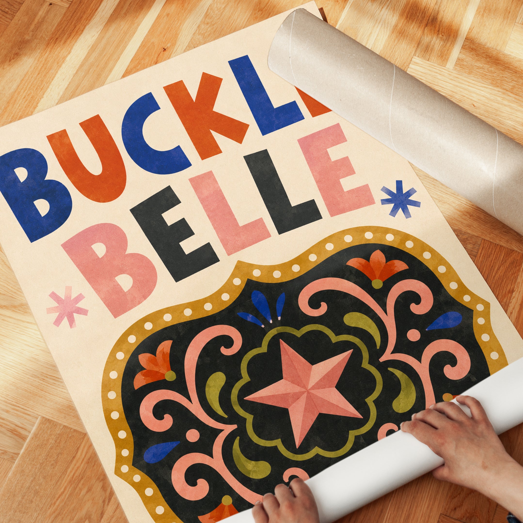 Buckle Belle Typography Poster: Folk Art Western Design - detail