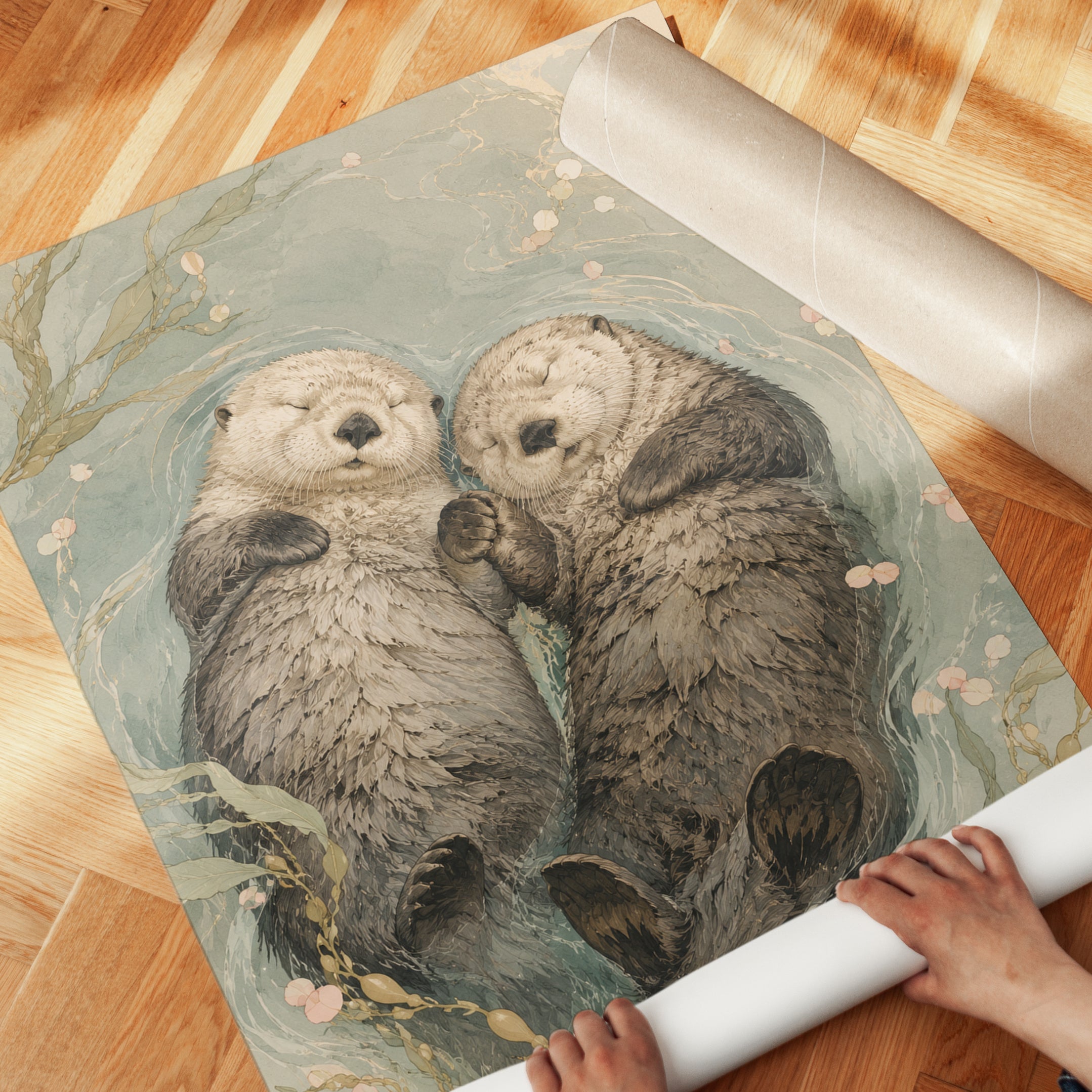 Sea Otters Holding Hands Art Print: Watercolor Wildlife Illustration - detail