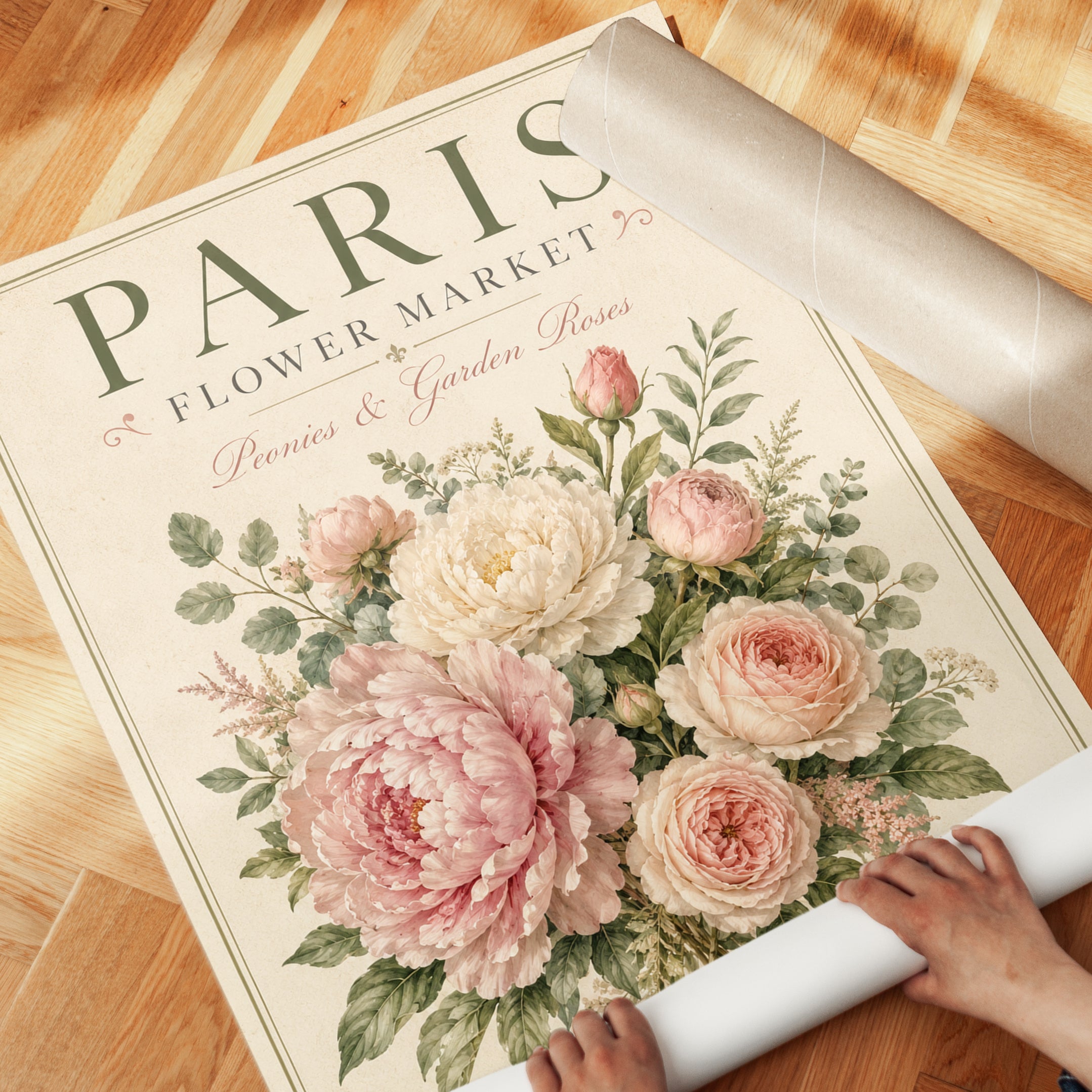 Paris Flower Market Print — Vintage Botanical Peonies & Roses - detail