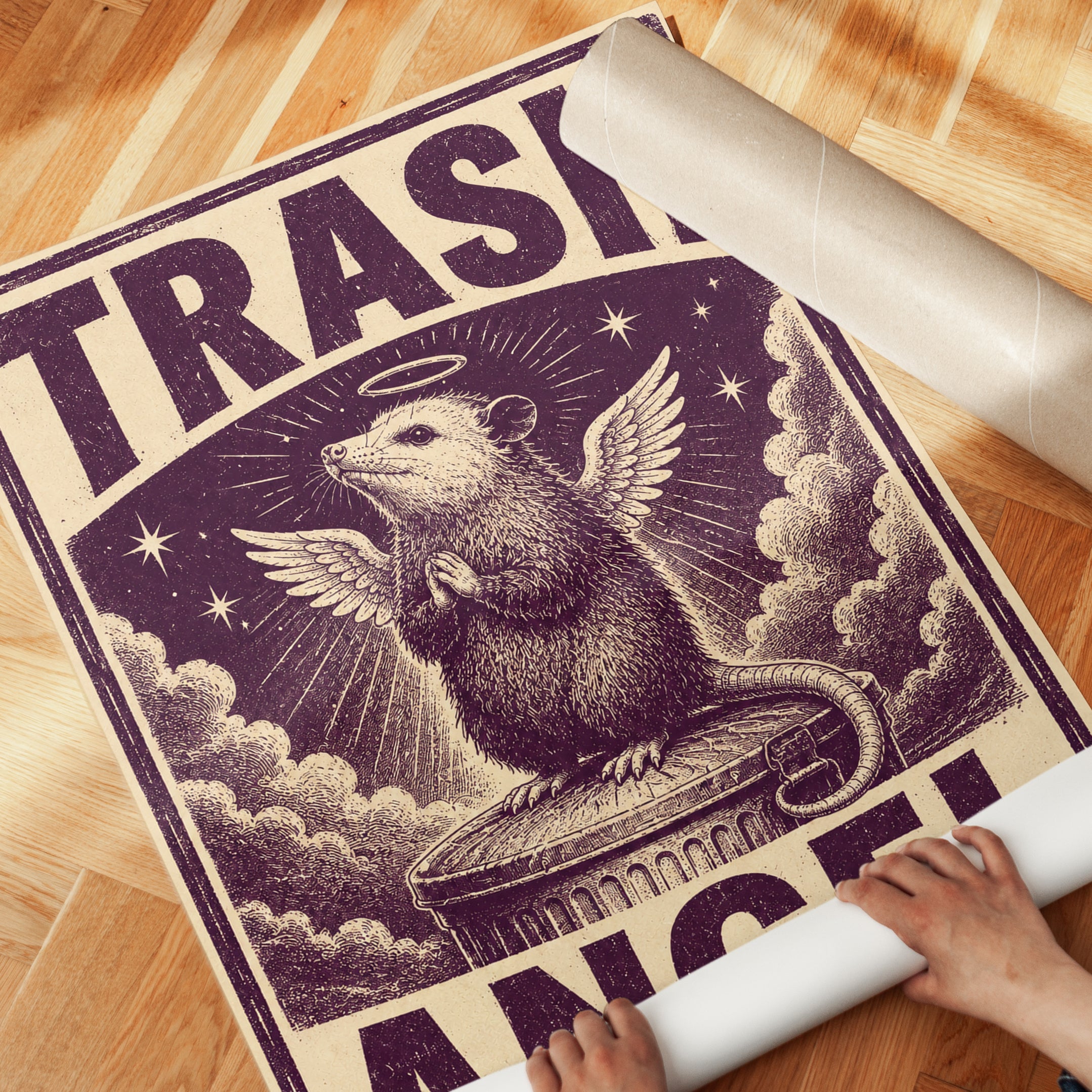 Trash Angel Possum Print: Retro Animal Wall Art (Purple & Cream) - detail