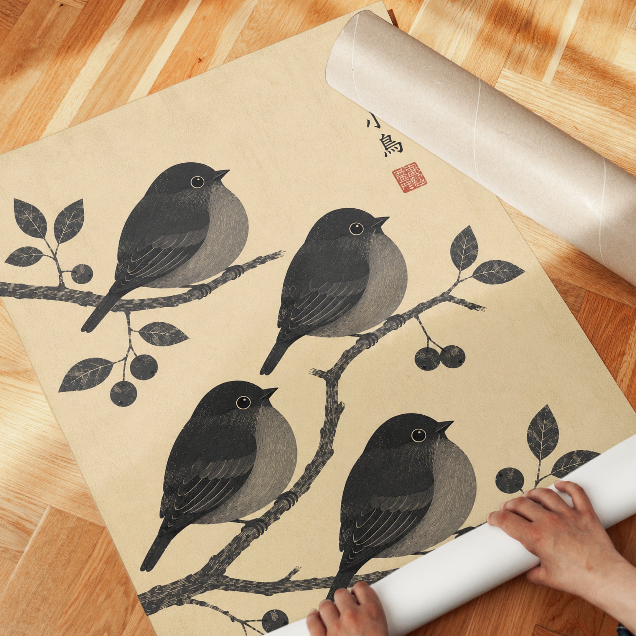 Japanese Birds on Branch Print: Traditional Ink Wash Artwork - detail