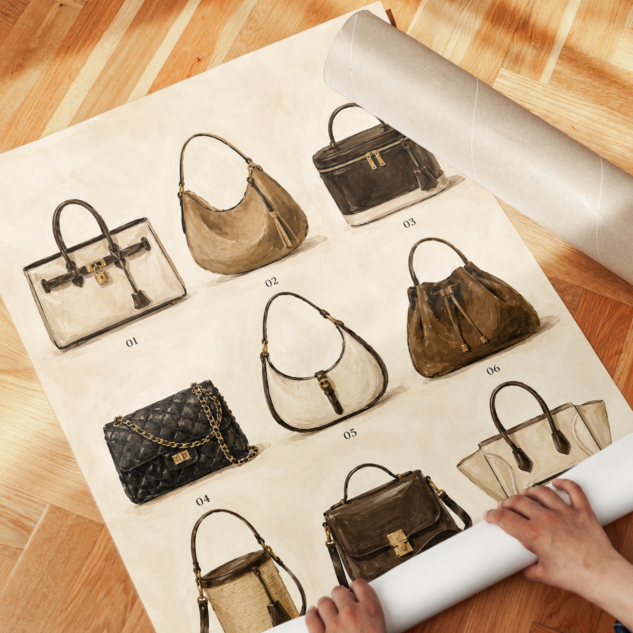Designer Handbag Collection Art Print: Watercolor Fashion Illustration - detail
