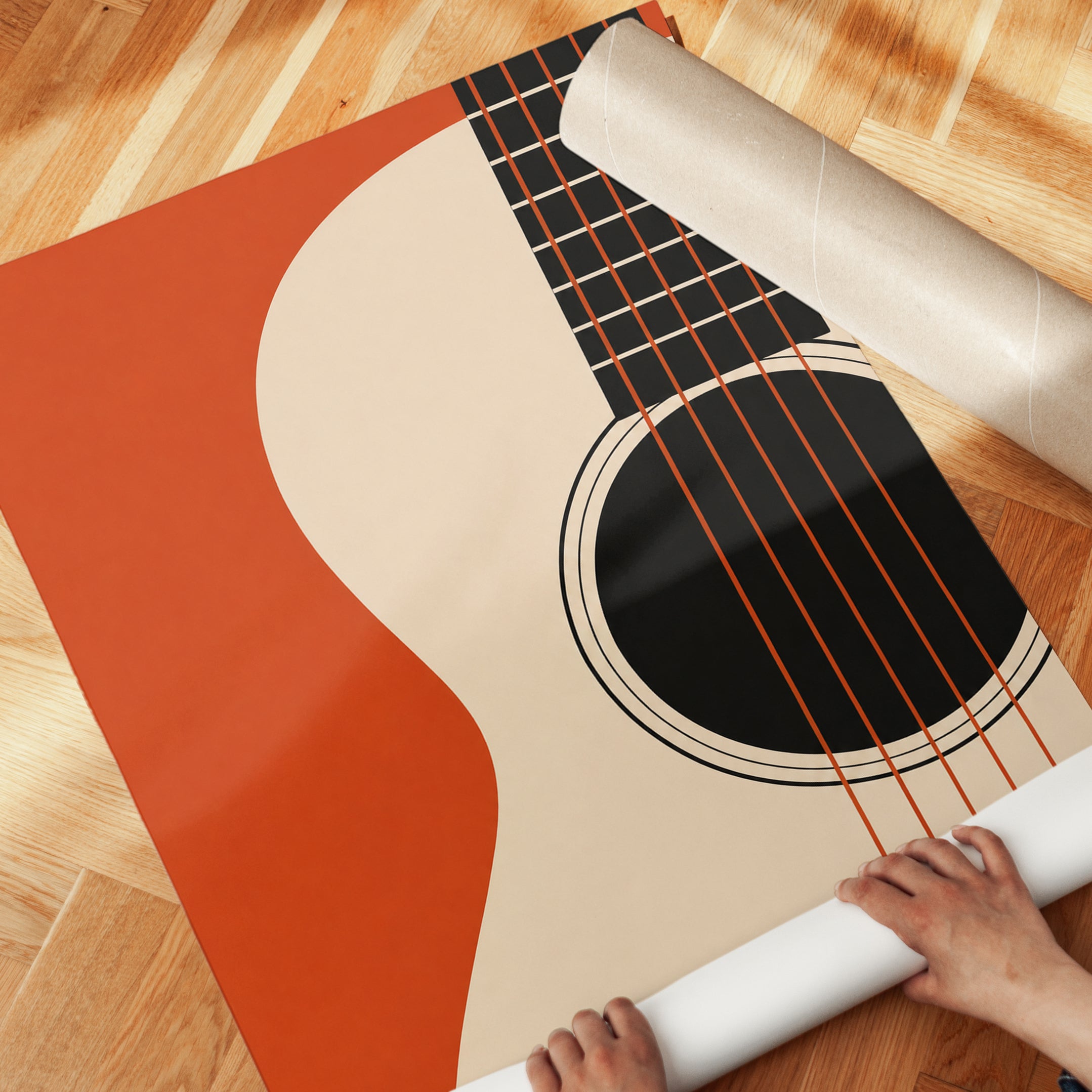 Acoustic Guitar Art Print: Minimalist Orange Geometric Design - detail