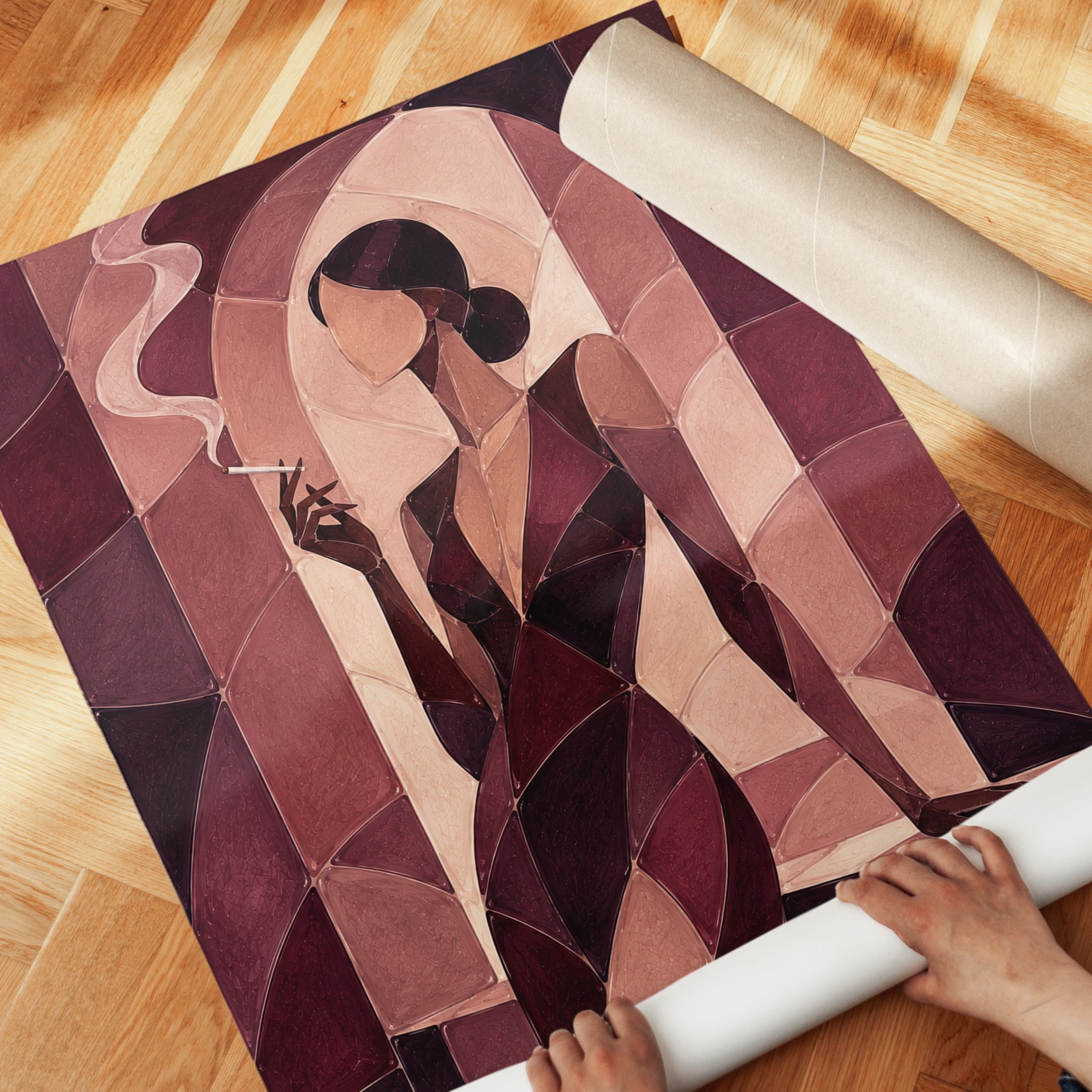 Art Deco Woman With Cigarette: Geometric Burgundy Wall Art - detail