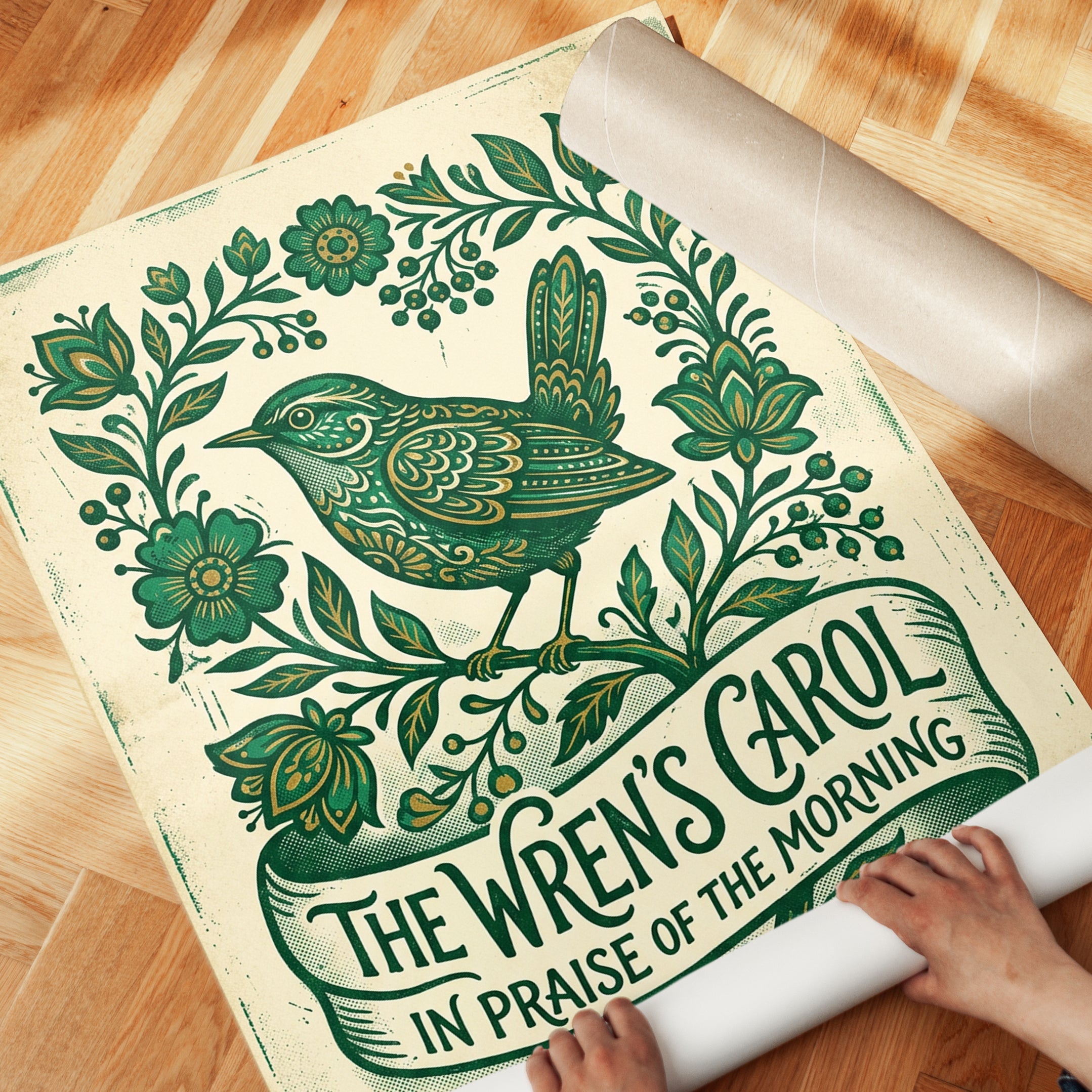 Folk Art Bird Print — The Wren's Carol - detail