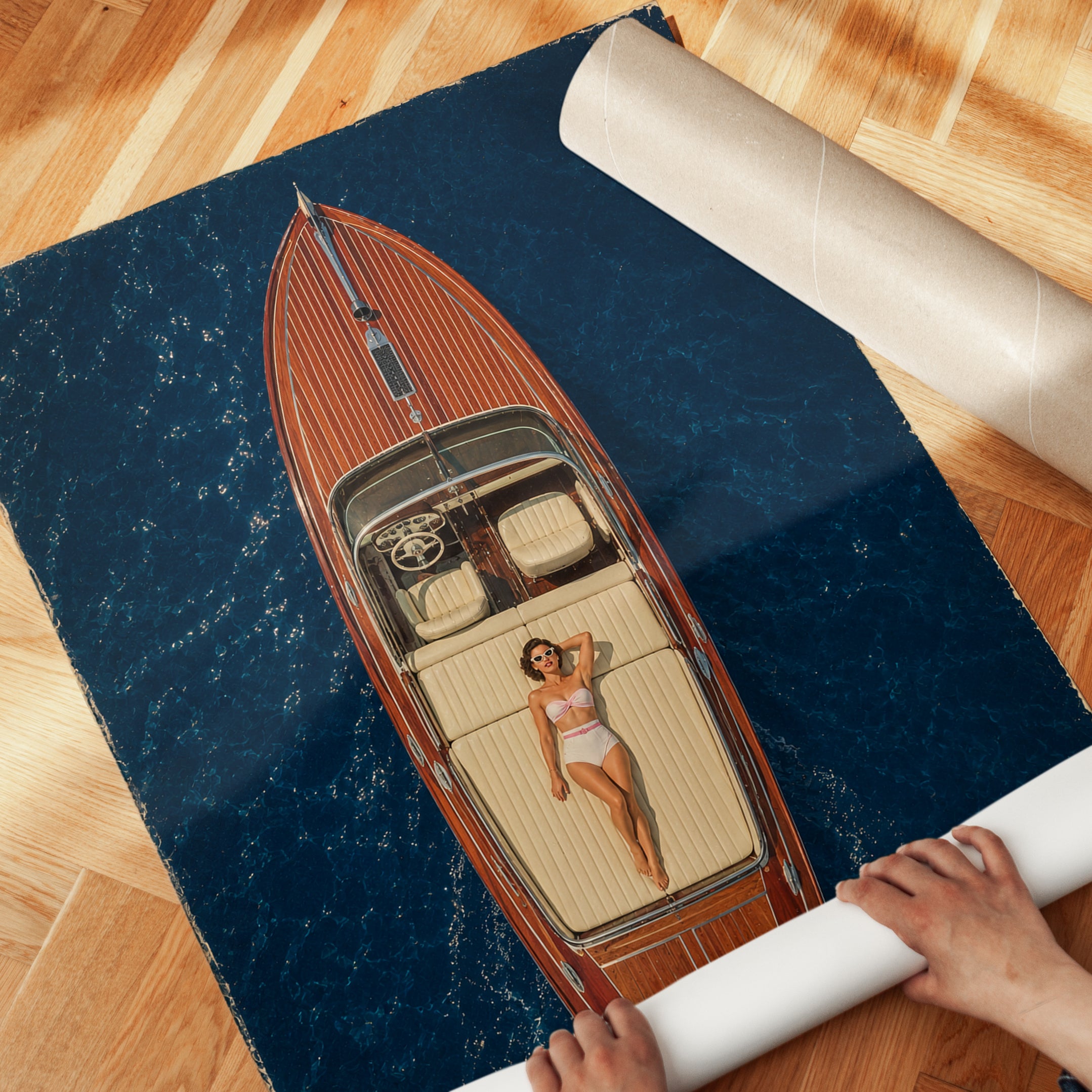 Vintage Wooden Speedboat Aerial Print - detail