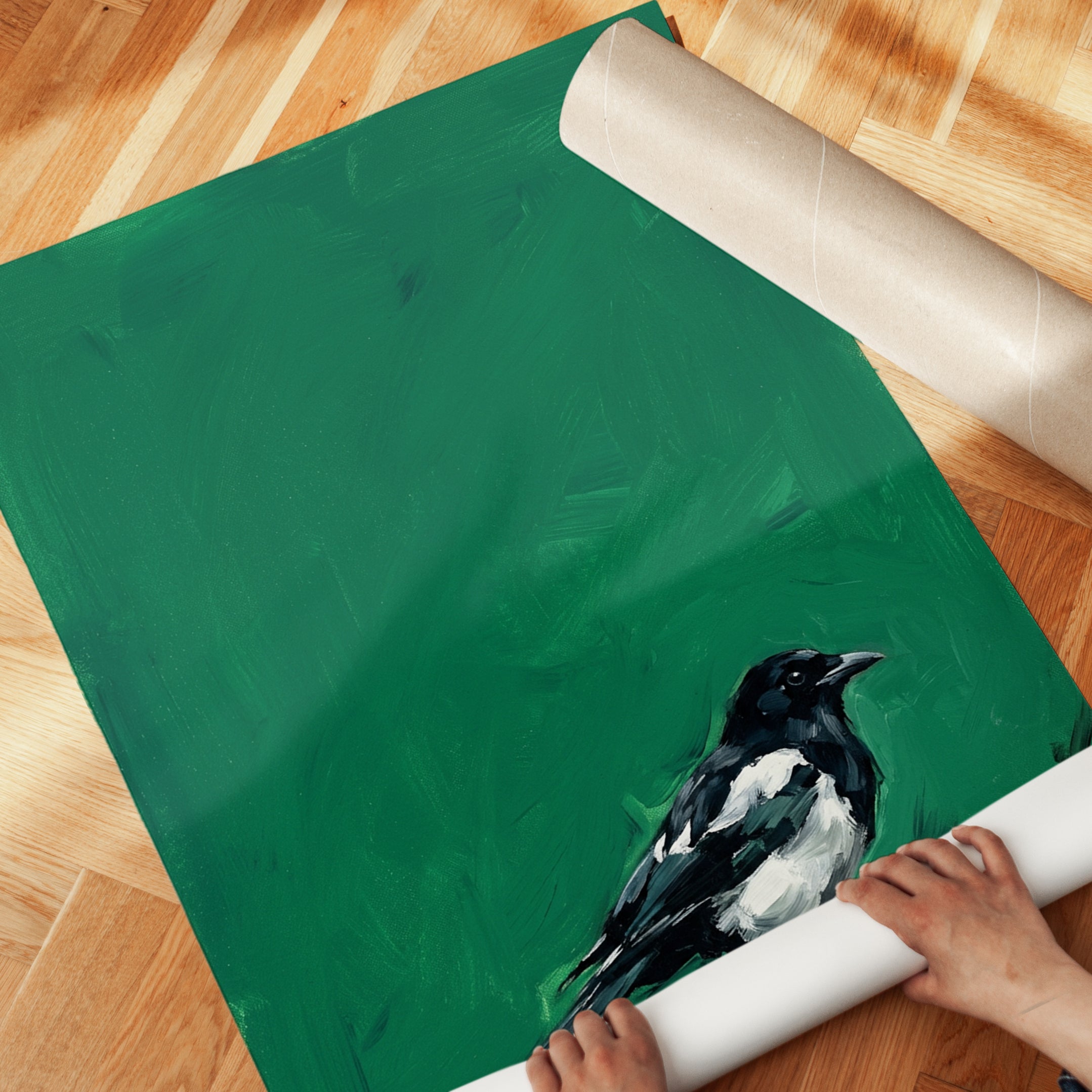 Magpie Bird Painting — Expressive Black & White on Green - detail