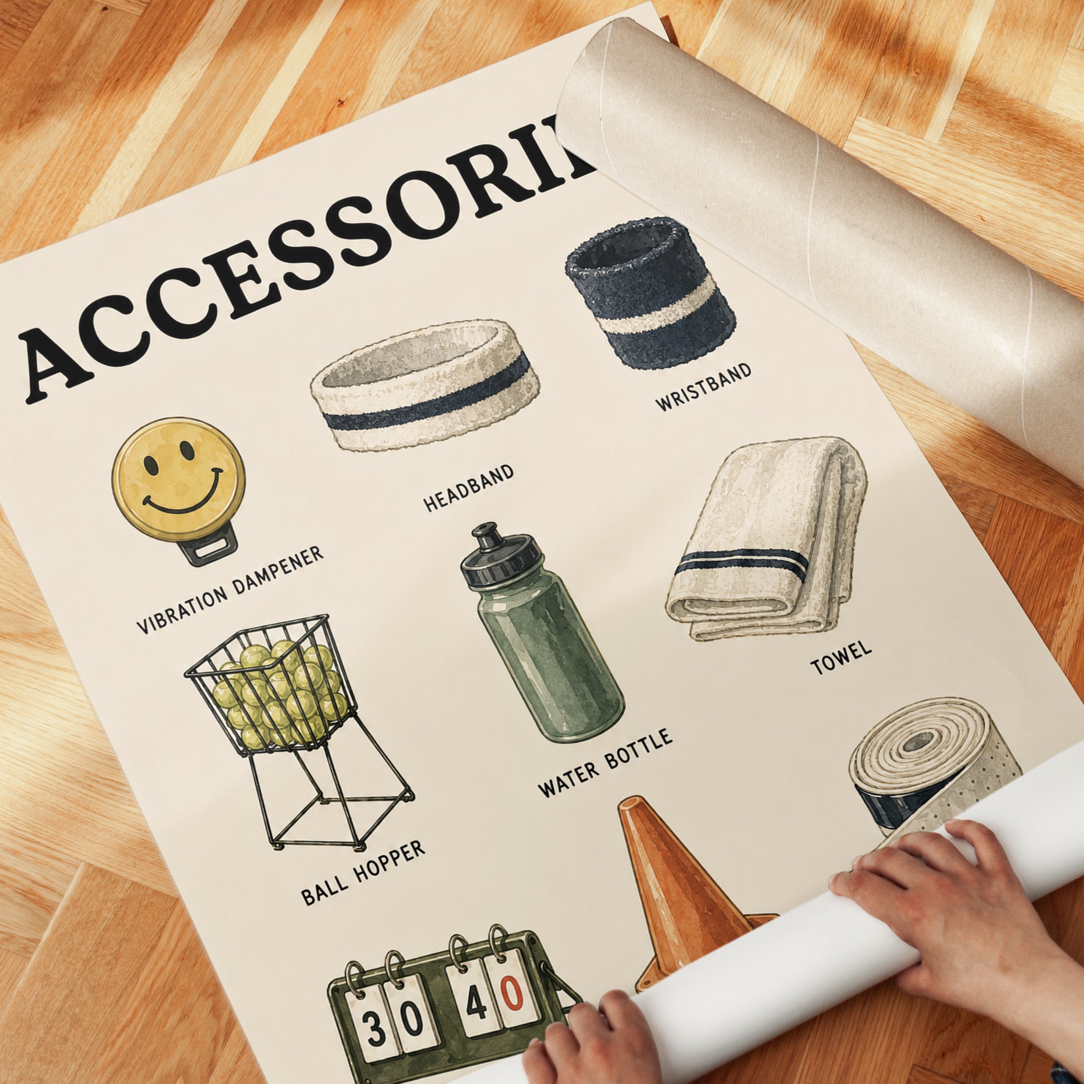 Tennis Accessories Art Print: Vintage Sports Equipment Poster - detail