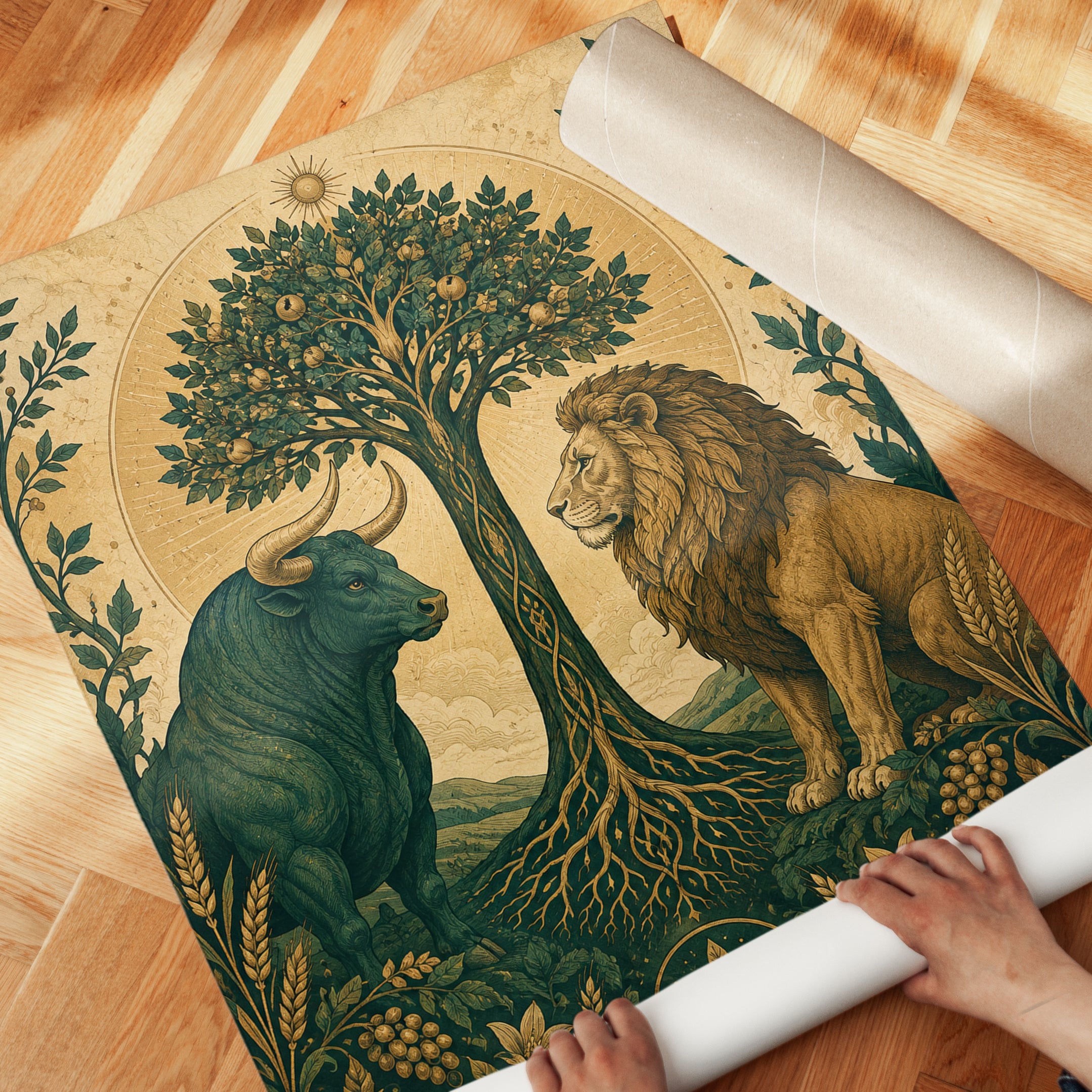 Tree of Life Wall Art – Lion and Bull Print - detail