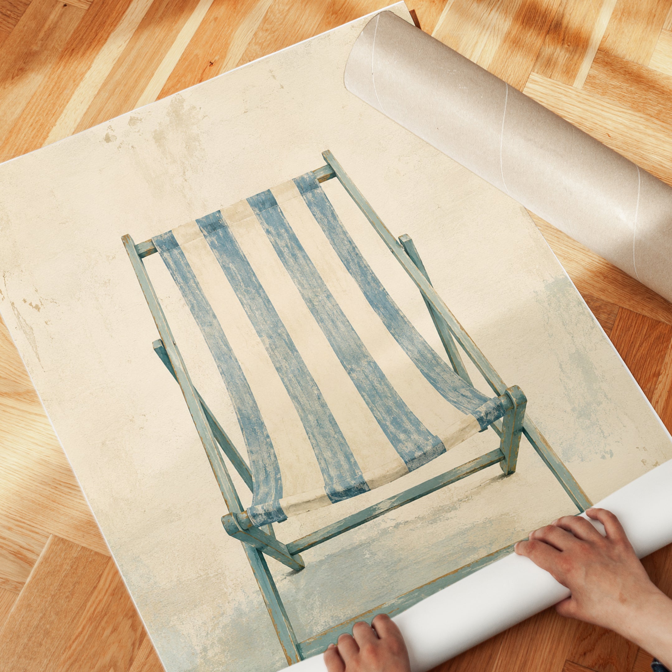 Vintage Beach Chair Art Print: Blue Striped Coastal Decor - detail