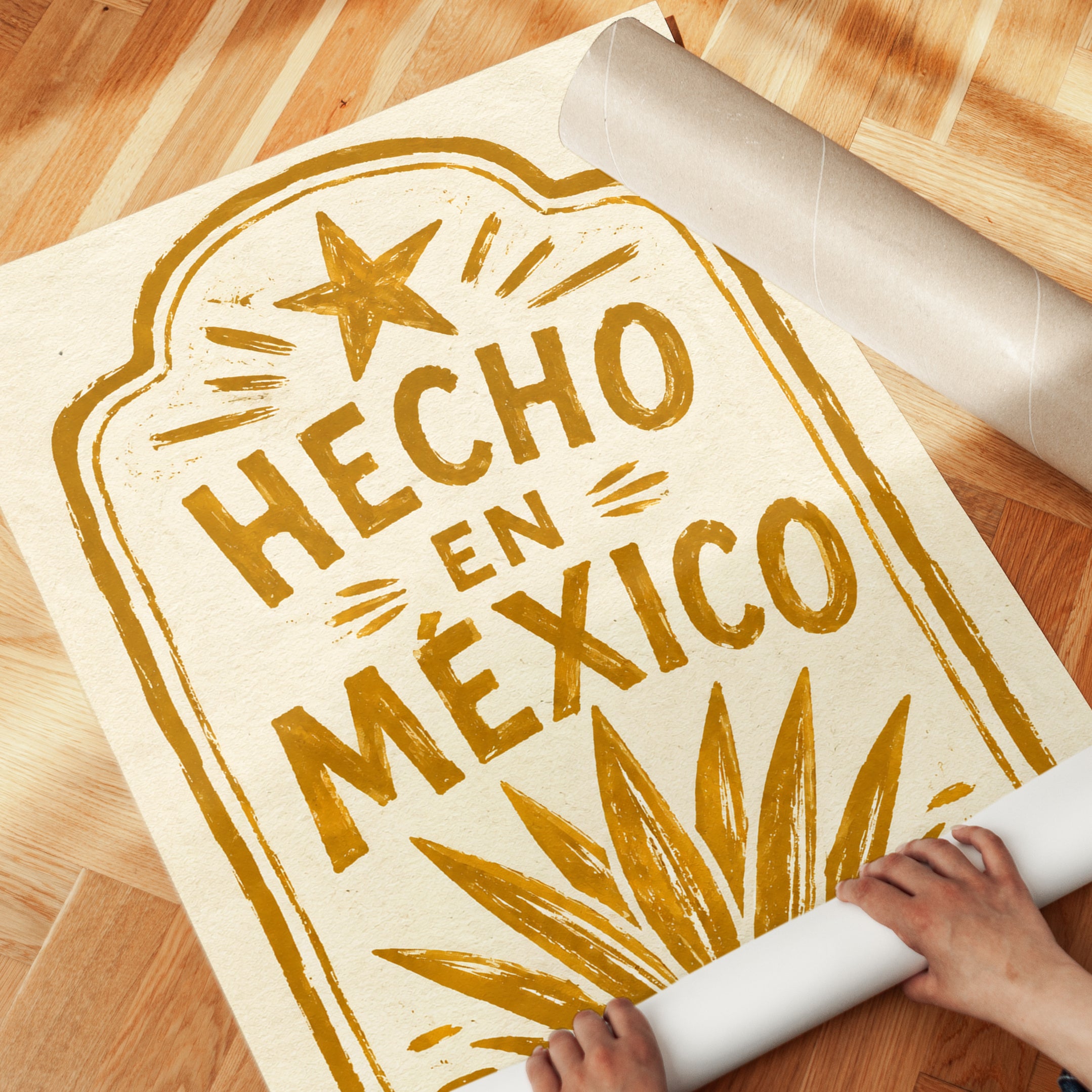 Hecho en Mexico Print: Vintage Golden Stamp Wall Art - detail