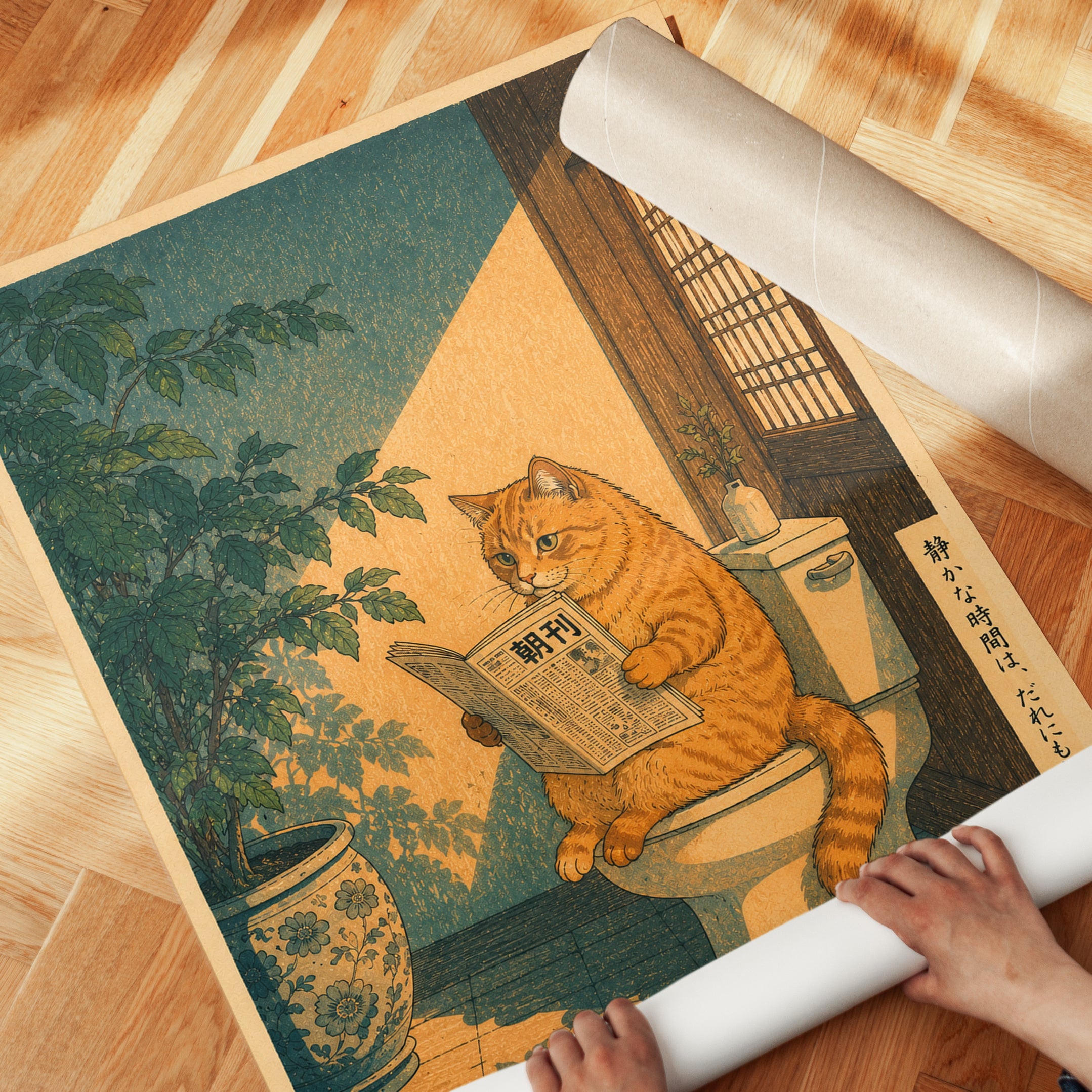 Japanese Cat Reading Newspaper Print - detail