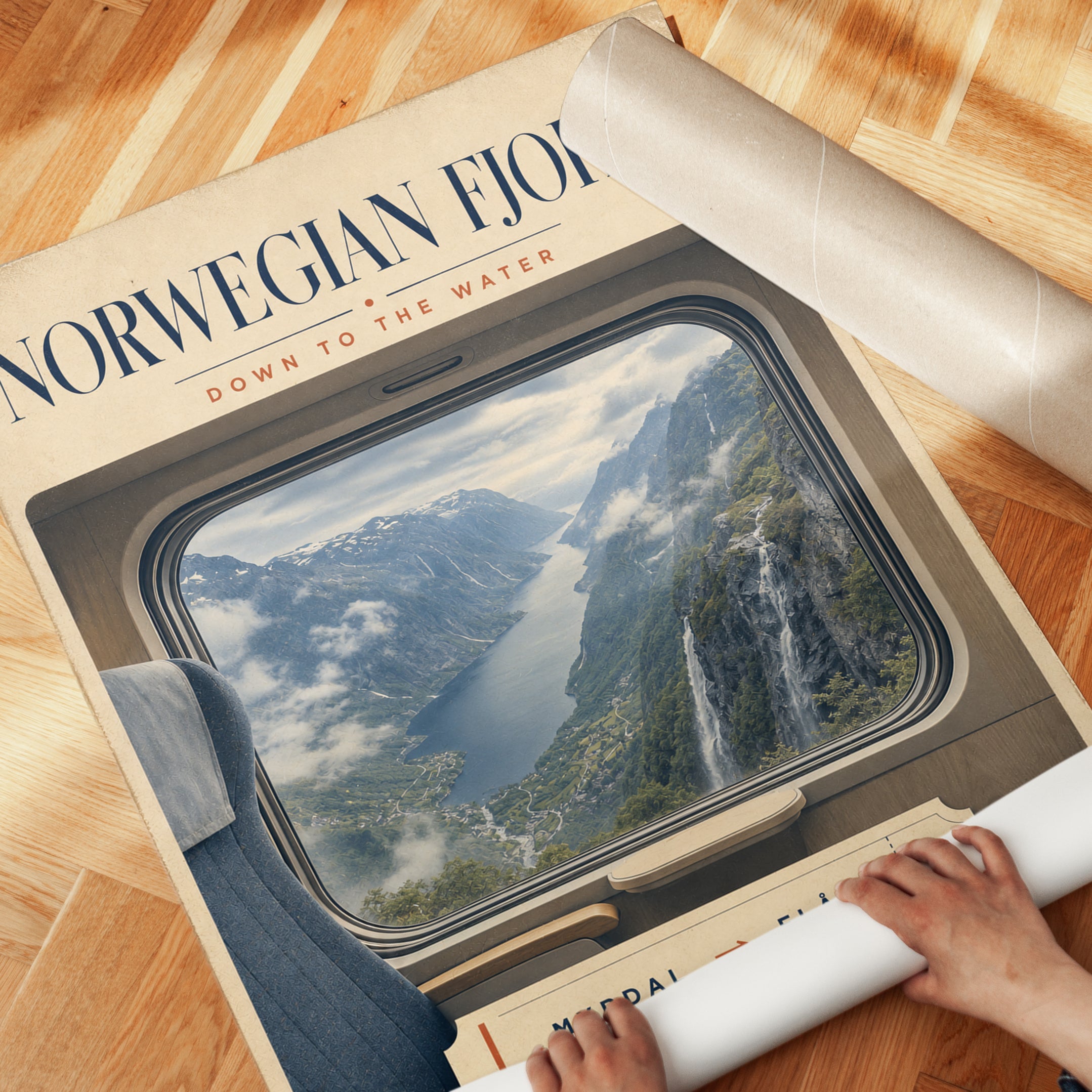 Norwegian Fjords Travel Poster: Vintage Railway Window Art Print - detail