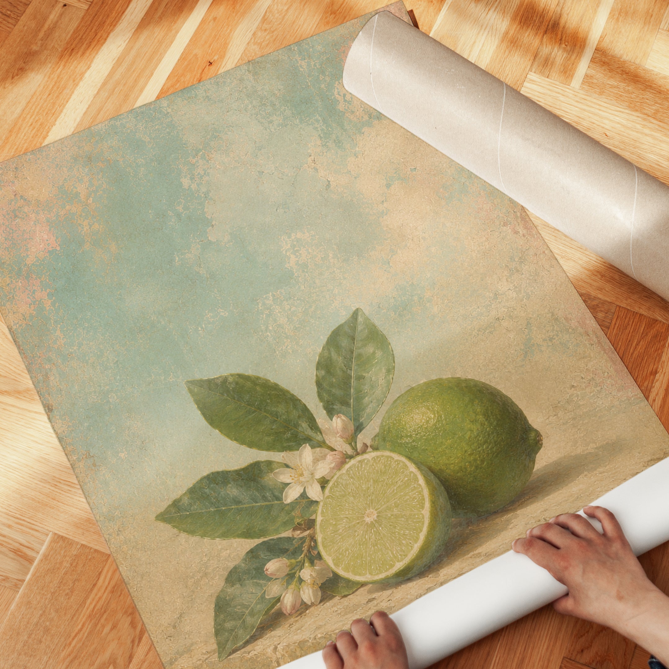 Vintage Lime Still Life Print: Botanical Art with Citrus Blossoms - detail