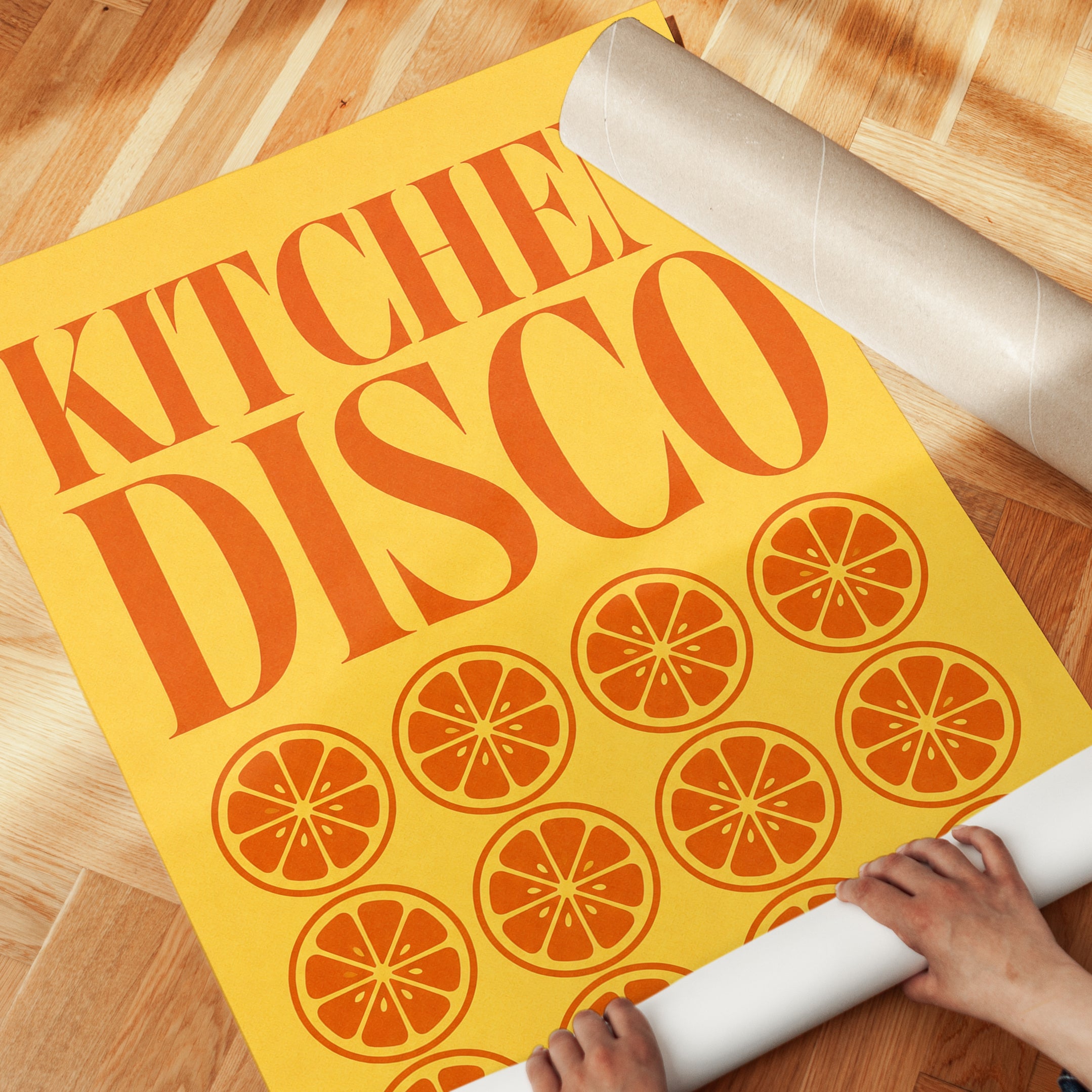 Kitchen Disco Print: Retro 70s Typography with Orange Slices - detail