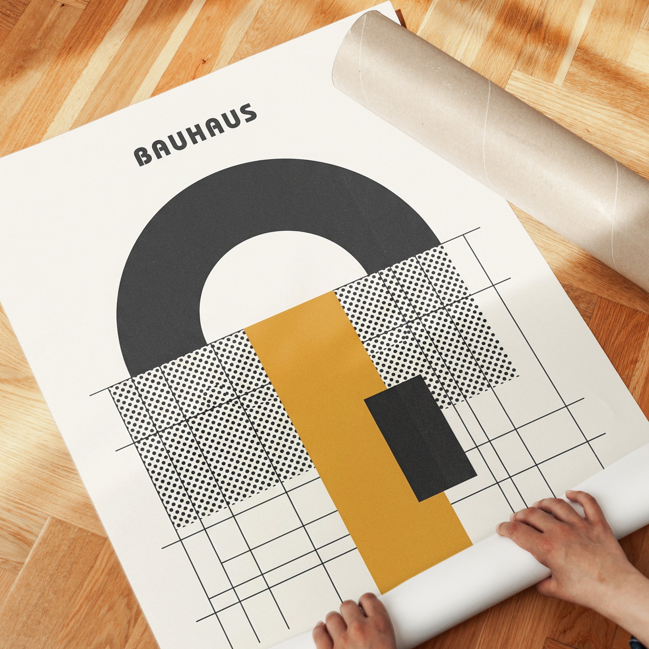 Bauhaus Geometric Poster: Black Arch and Yellow Grid Design - detail